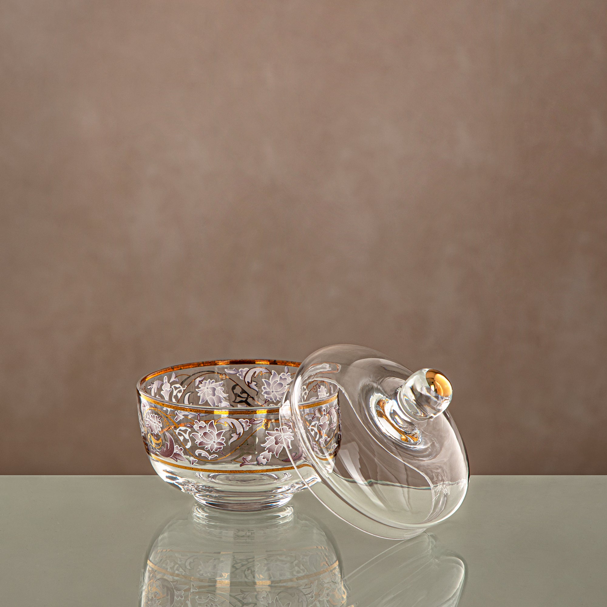 Almarjan Sugar Bowl, Glass, Clear & Golden Pattern (0137T-ZQDL) - Family Gatherings