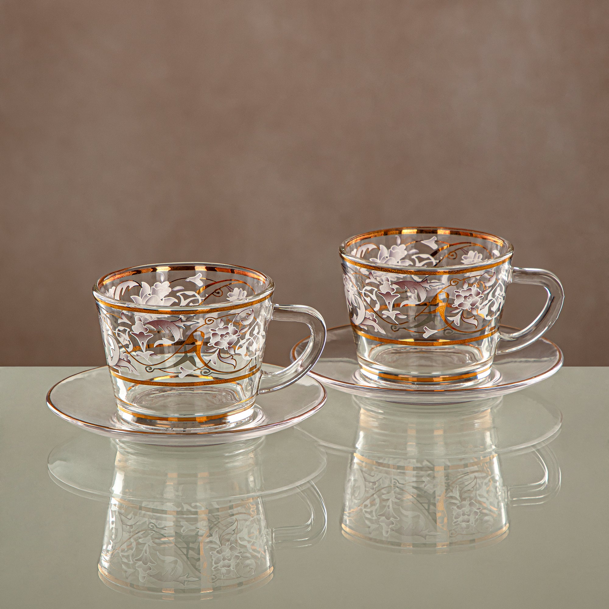 Almarjan Cup & Saucer Set 6 Pieces, Glass, Clear & Golden Pattern (1469B-0011P-ZQDL) - Family Gatherings