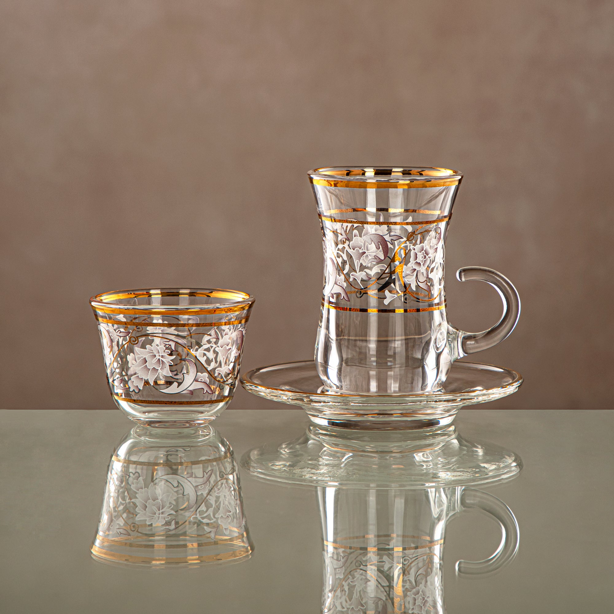 Almarjan Tea & Coffee Set 18 Pieces, Glass, Clear & Golden Pattern (18PCS SET-ZQDL) - Family Gatherings