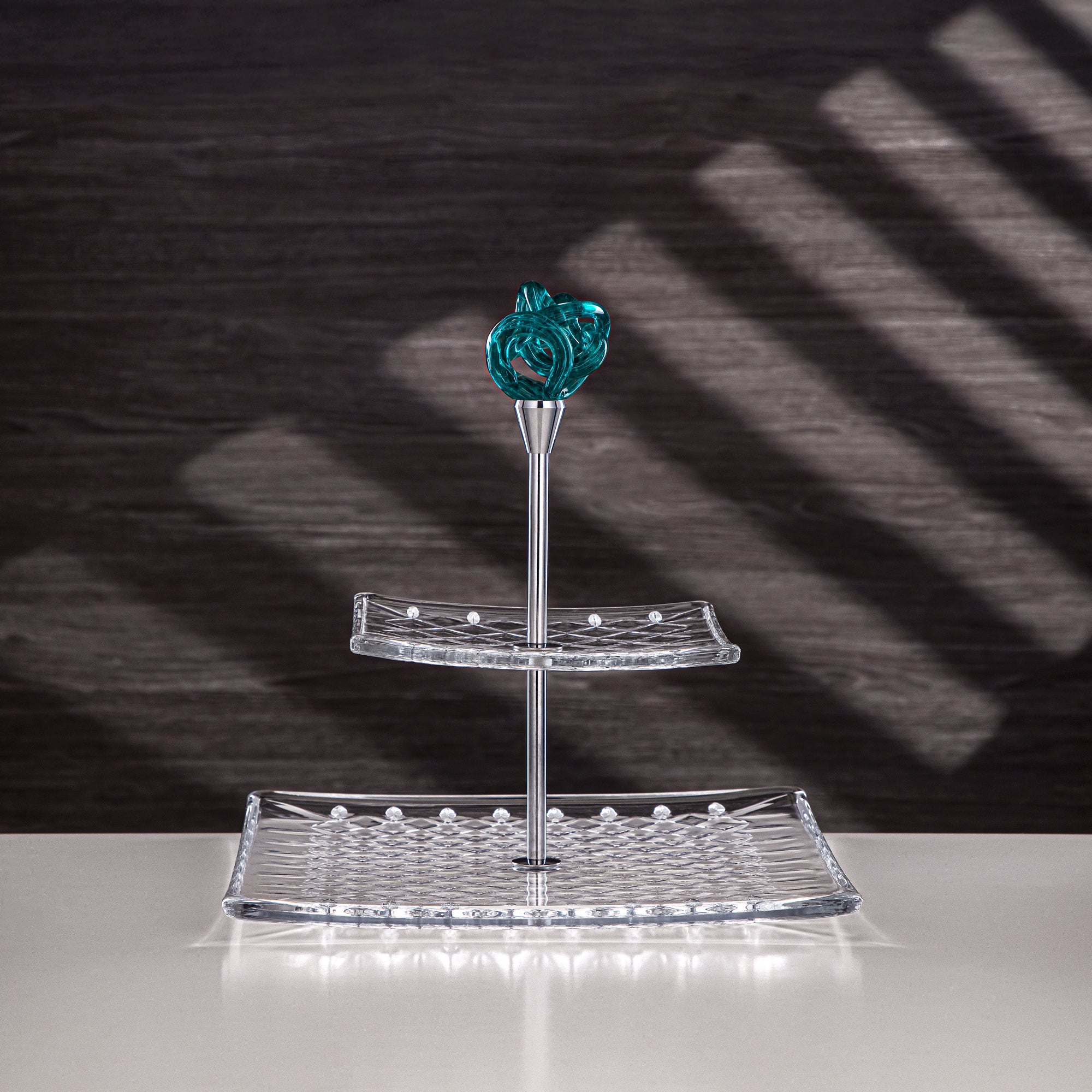 Almarjan Serveware Glass 2-Tier Square Clear with Turquoise Knot