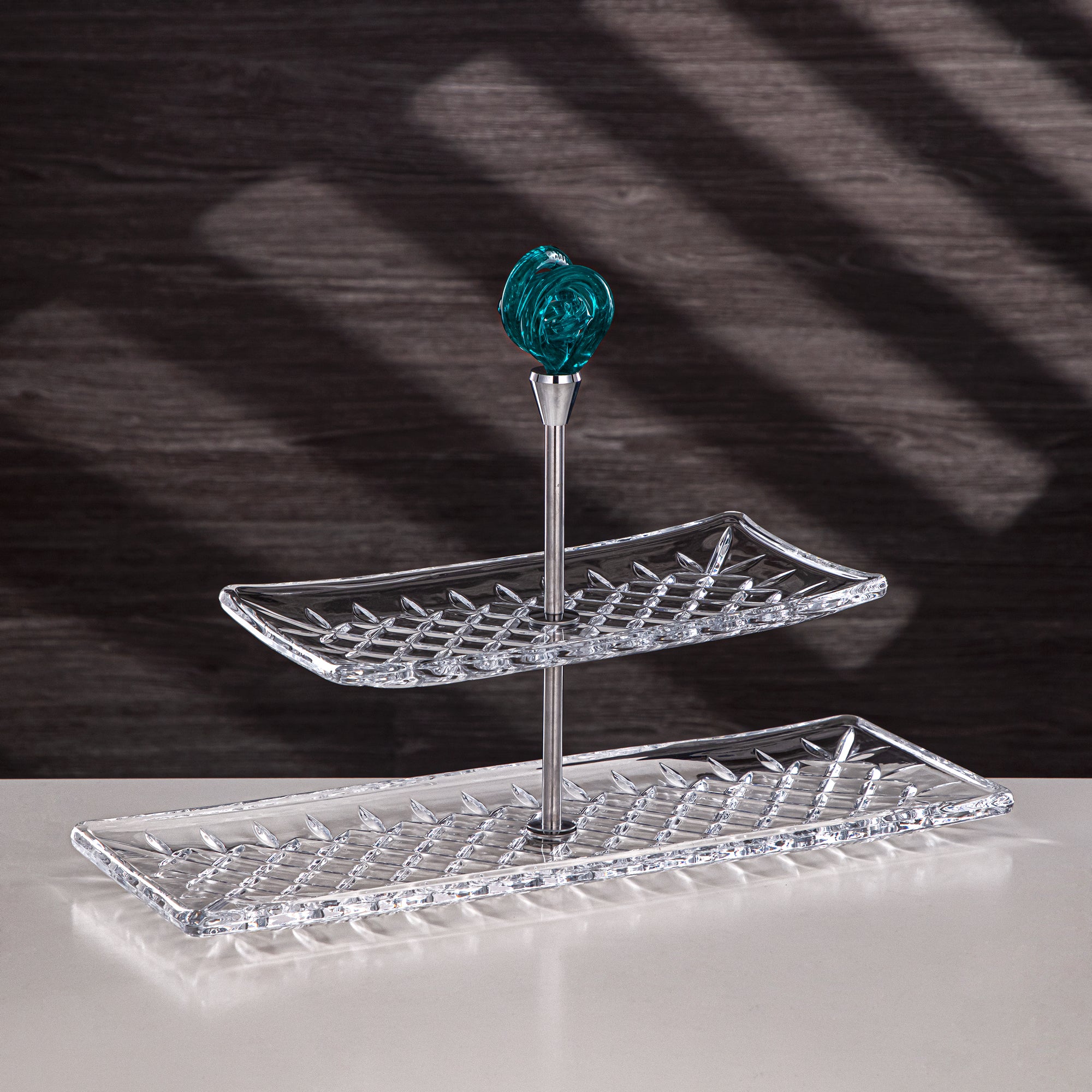 Almarjan Serveware Glass 2-Tier Rectangle Clear with Turquoise Knot
