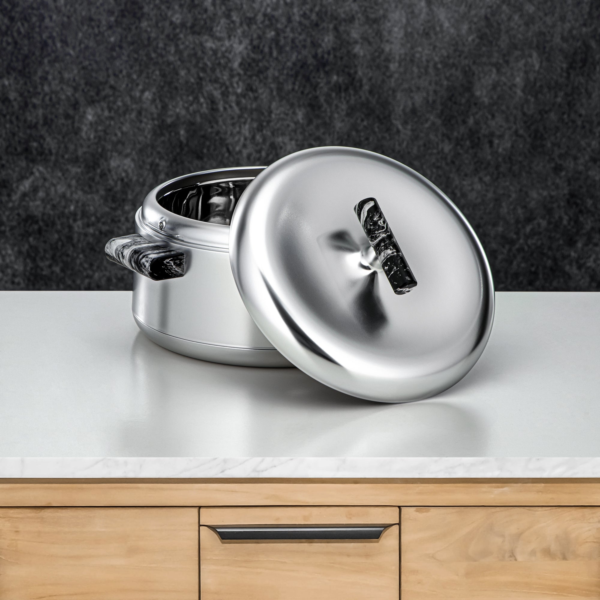 Almarjan Hot Pot Set ABS 1L, 2.5L, 3L Matt silver & black marble (EL-100/250/300 MC/BM)