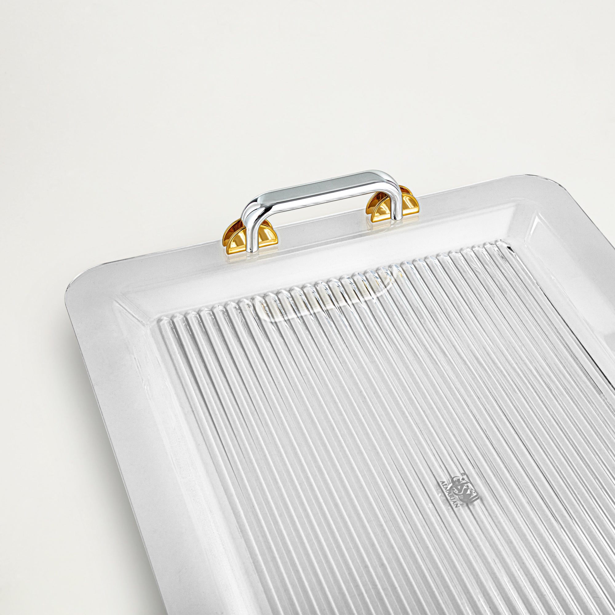 Almarjan Serving Tray 55CM, Acrylic, Silver & Gold Handle (FB06-550 G/C) Ramadan Serveware