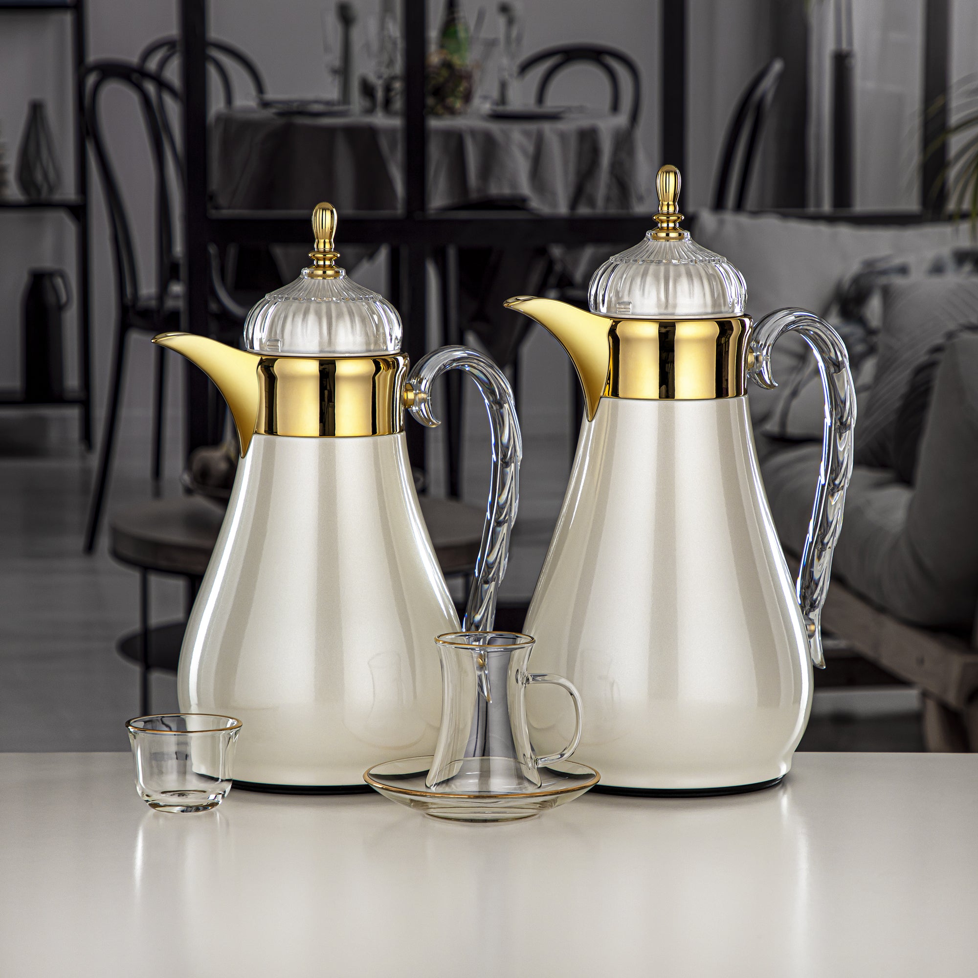 Almarjan Vacuum Flask Set 21 Pieces, Push Button, 0.7L + 1L, Pearl White, Gold & Transparent (FG810-21 PW/G) - Elegant Vacuum Flask Sets