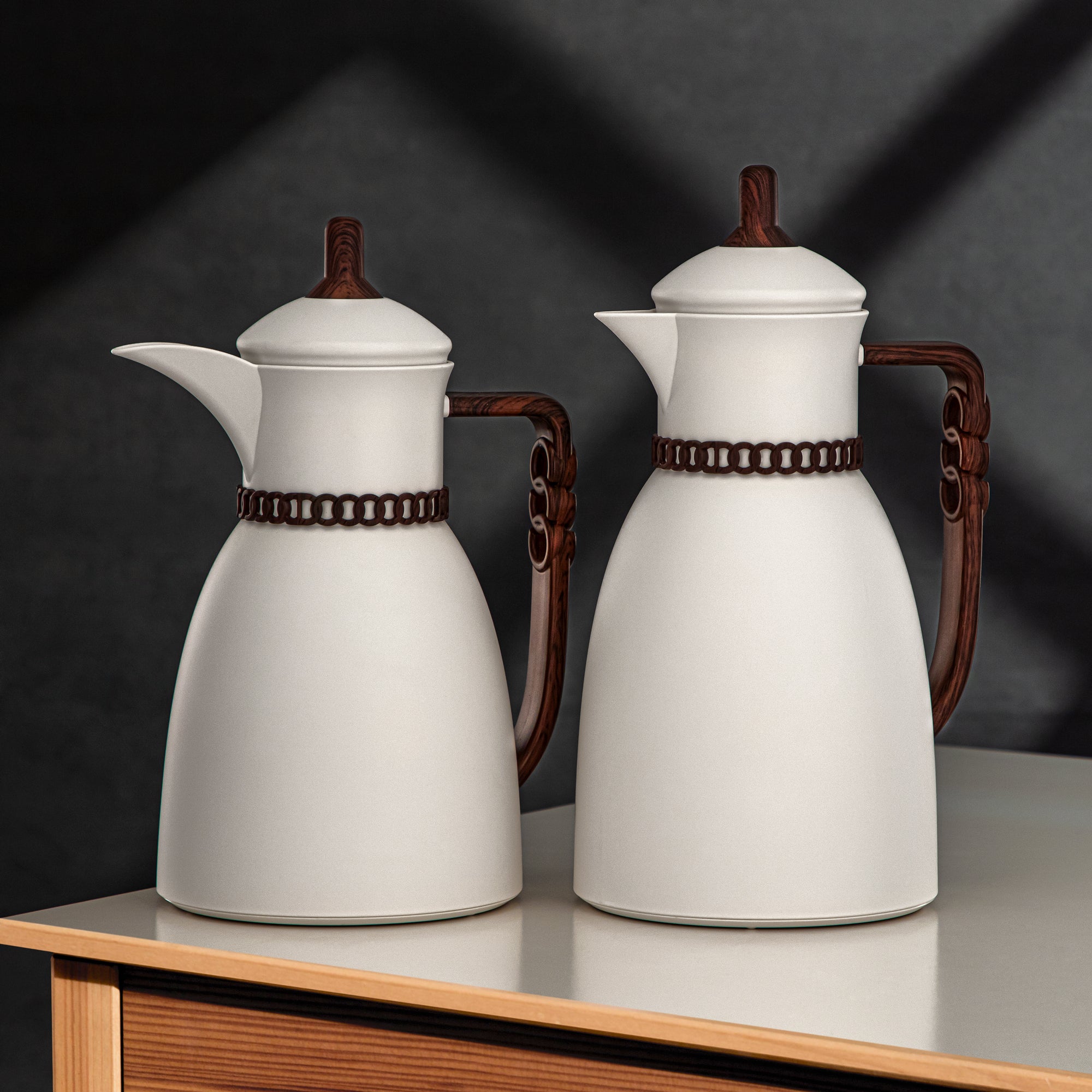 Almarjan Vacuum Flask Set 0.7L & 1L Ivory & Dark Wood