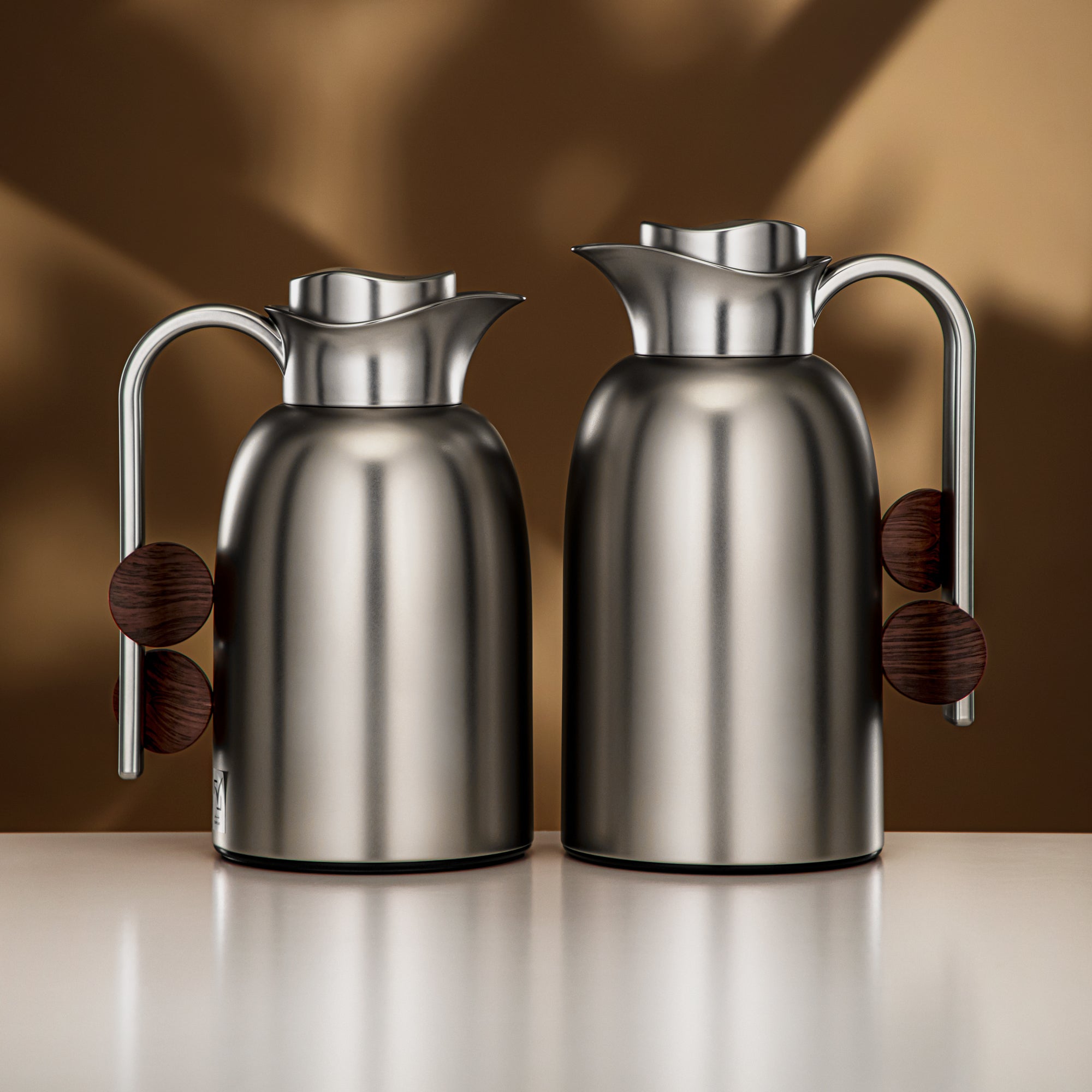Almarjan Vacuum Flask Set 0.7L + 1L Matt Nickel & Dark Wood