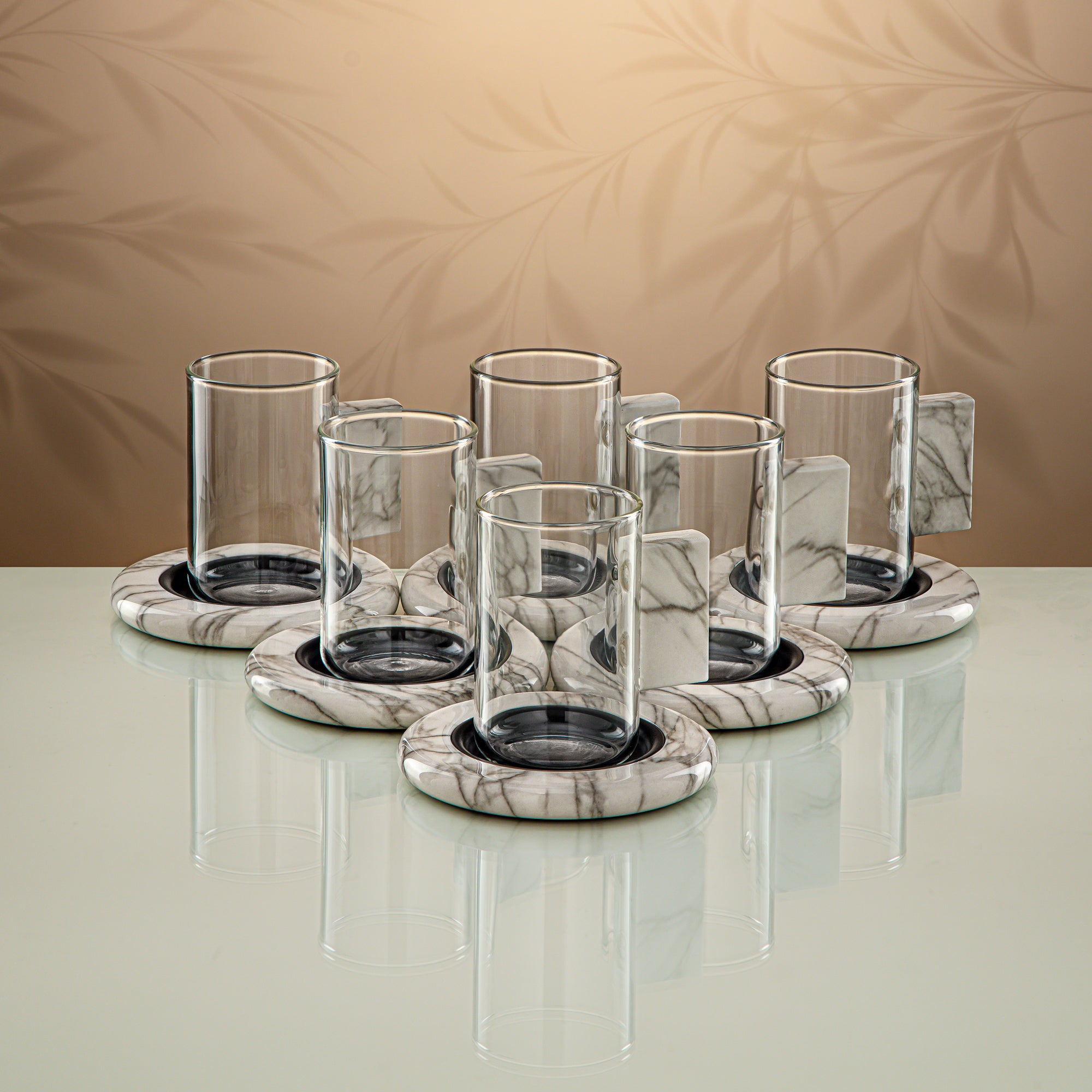 Almarjan Tea Set 18 Pieces Clear with White Marble & Matt Black Accents
