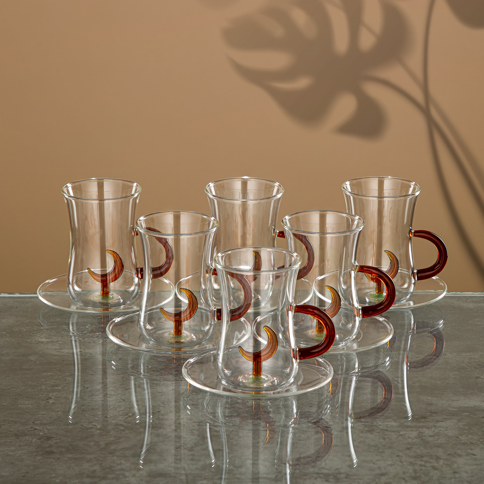 Almarjan Tea & Coffee Set 18 Pieces, Borosilicate Glass, Clear & Amber (GLS0010171) - Moonrise Collection