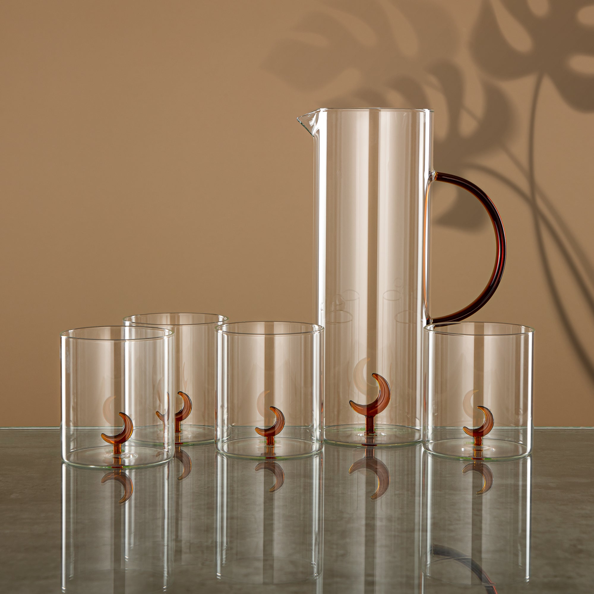 Almarjan Water Set 5 Pieces, Borosilicate Glass, Clear & Amber (GLS0010177) - Moonrise Collection