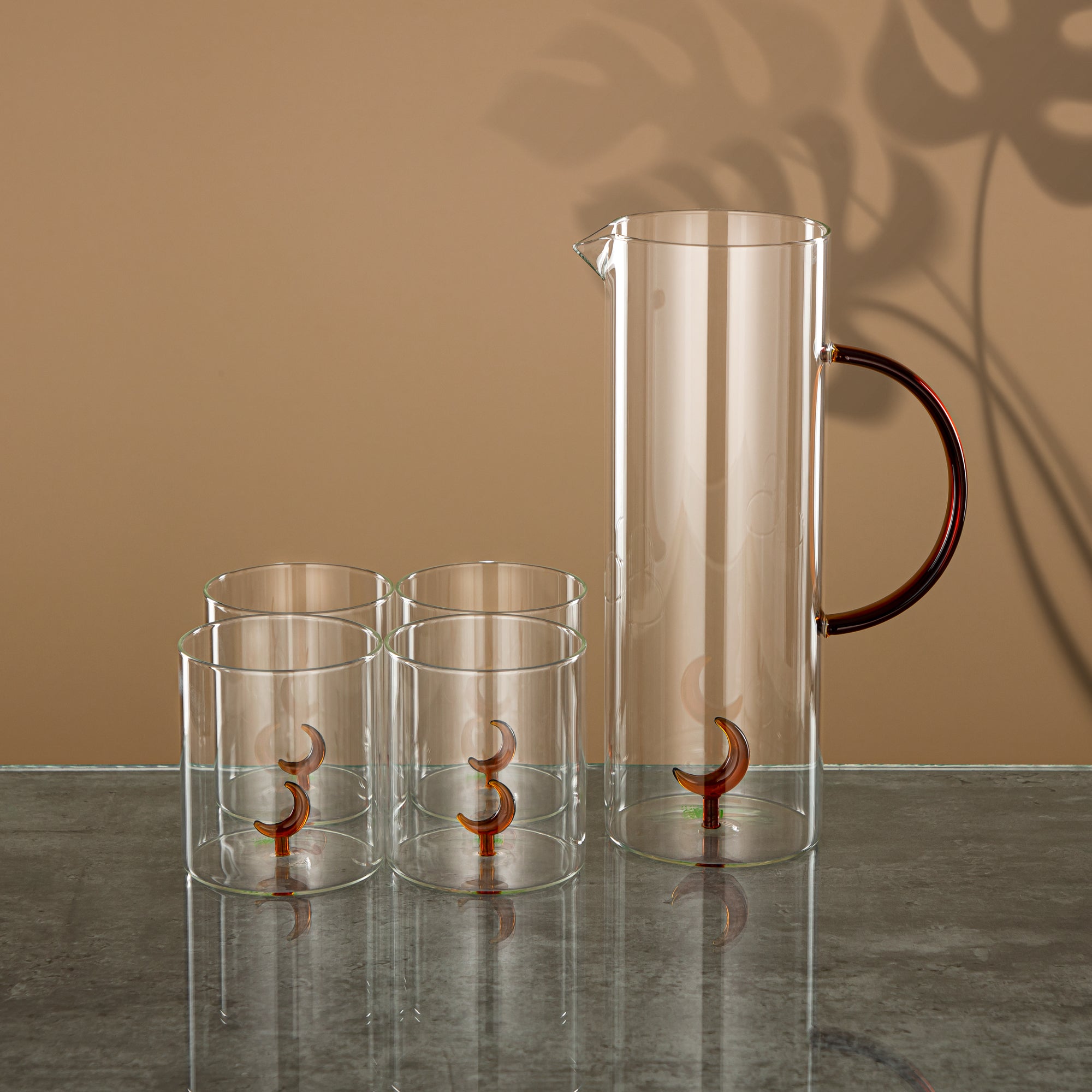 Almarjan Water Set 5 Pieces, Borosilicate Glass, Clear & Amber (GLS0010177) - Moonrise Collection