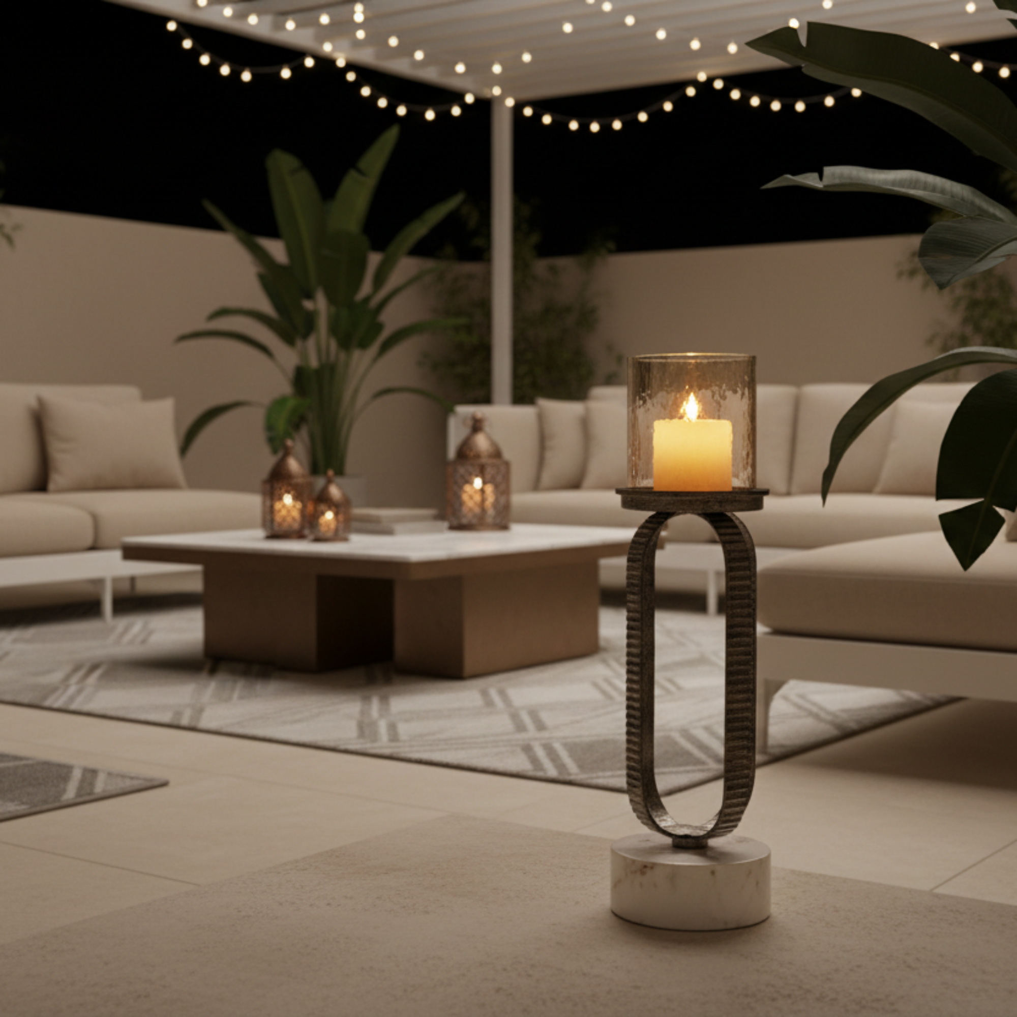 Almarjan Pillar Candle Holder 34cm Rustic Silver