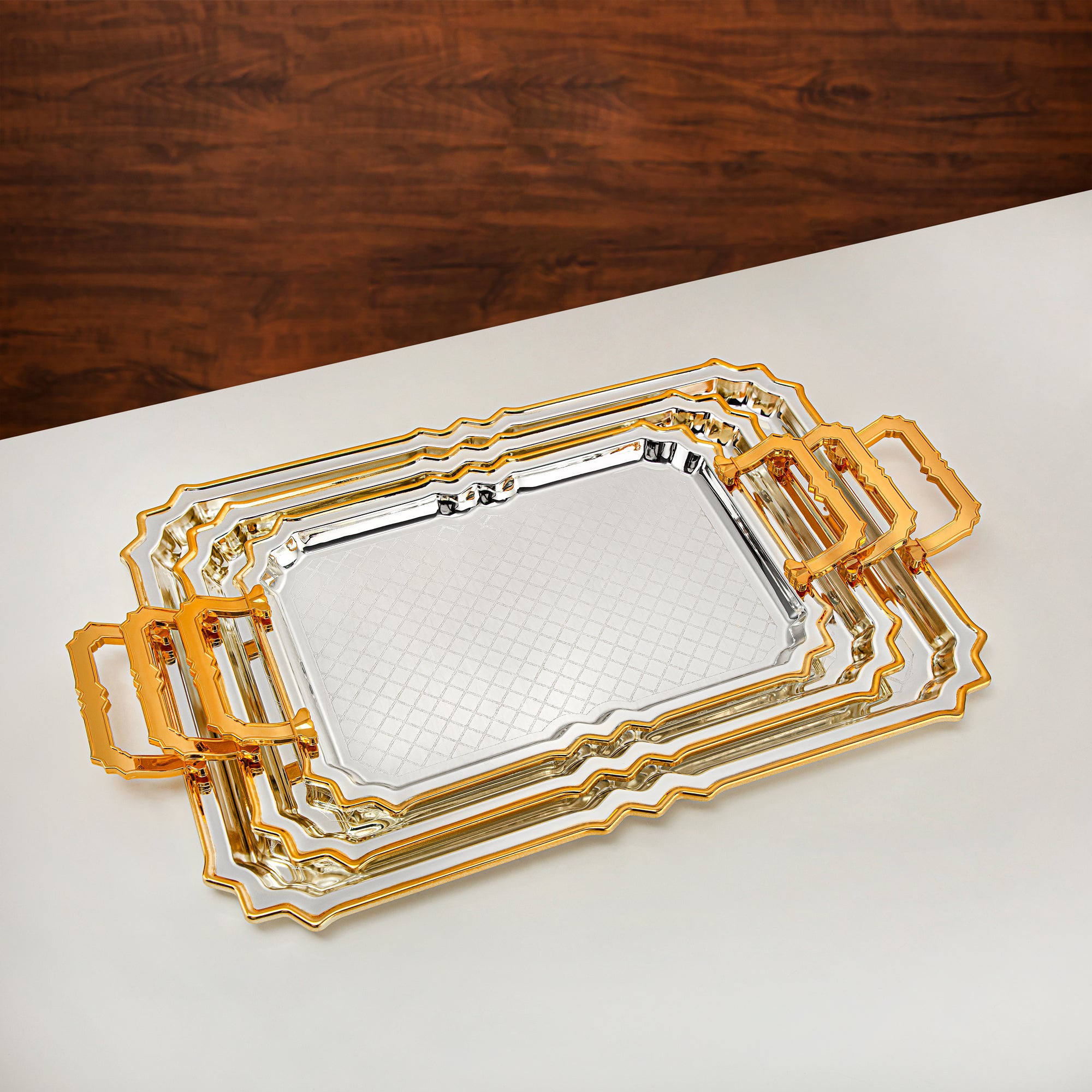 Almarjan 3 Pieces Serving Tray Set Silver & Gold - HT2411007