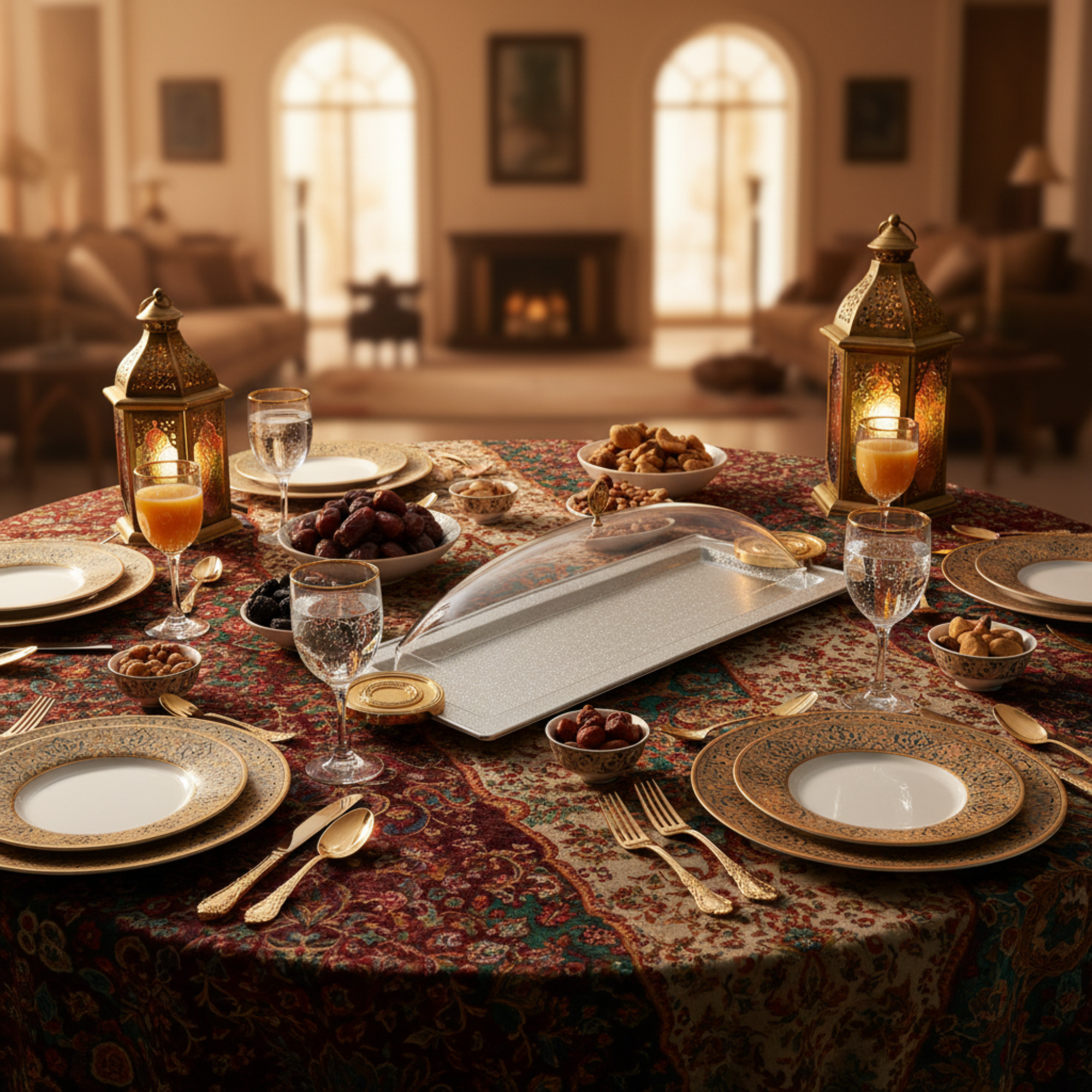 Almarjan Serving Tray with Cover 56 cm Silver & Gold Crackle