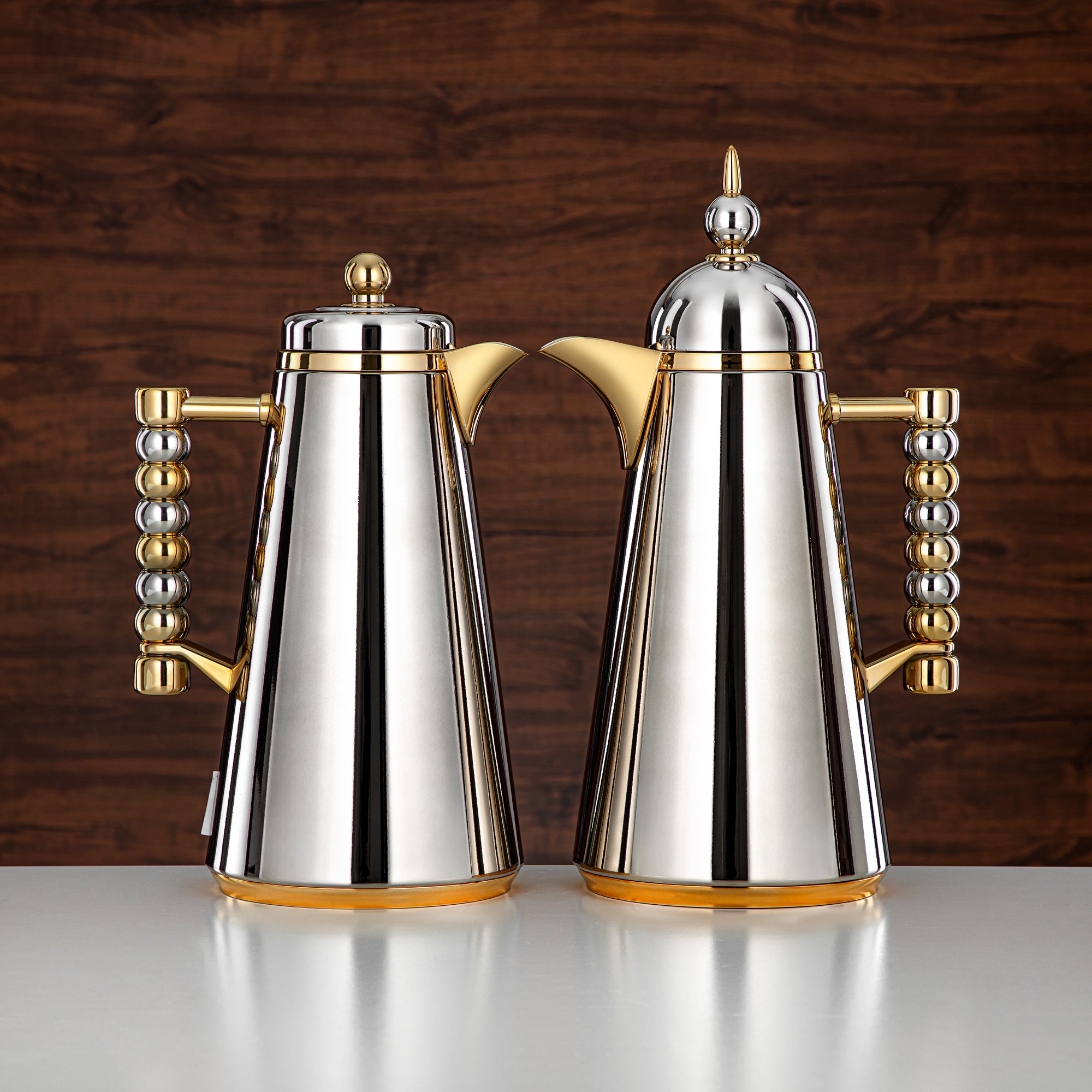 Almarjan Vacuum Flask Set Push Button 1L + 1L Silver & Gold (SJ42-CG) - Tea & Coffee Flask