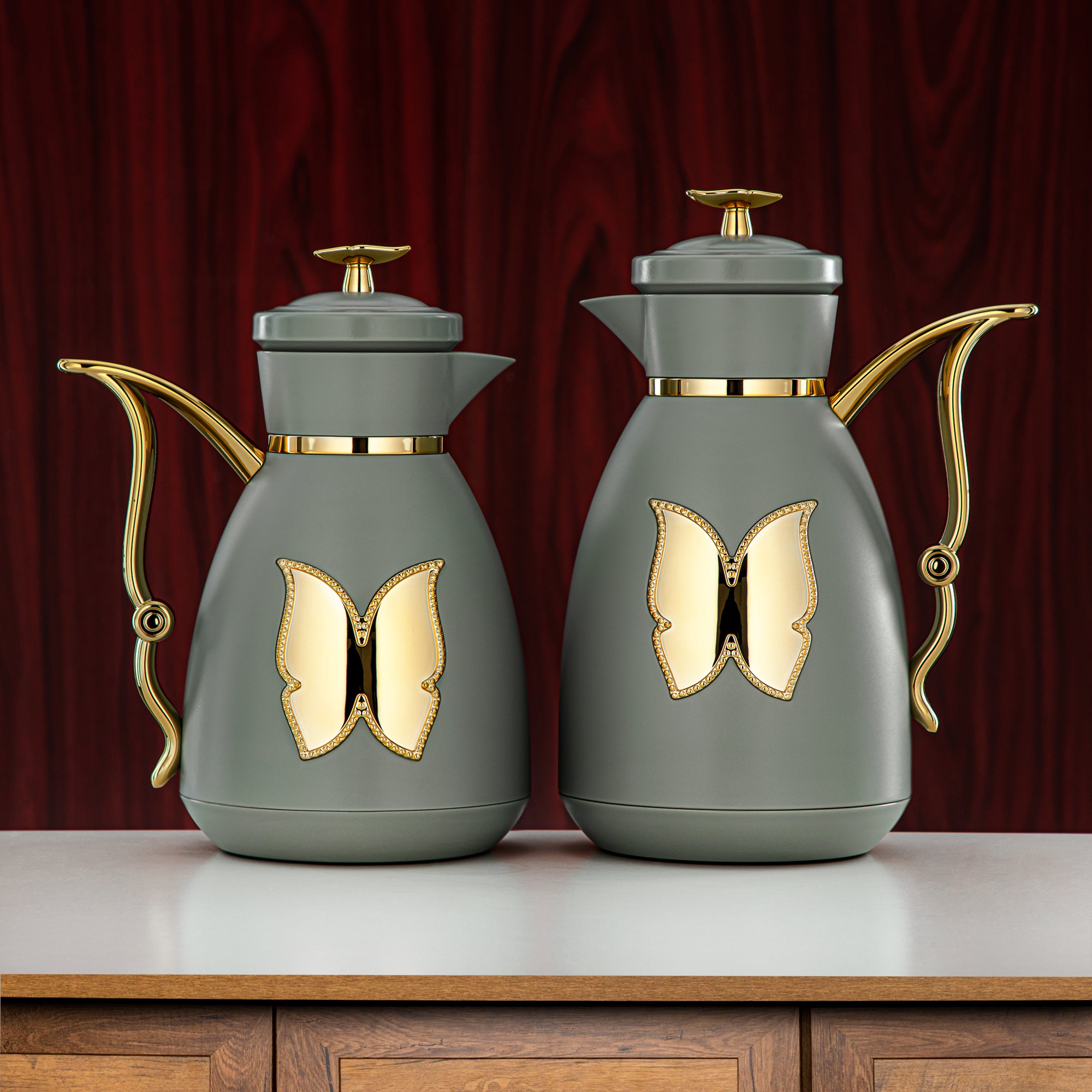 Almarjan Vacuum Flask Set Plastic Push Button 0.7L + 1L Green & Gold (SM-2C142-070/100 GG/G) - Tea & Coffee Flask