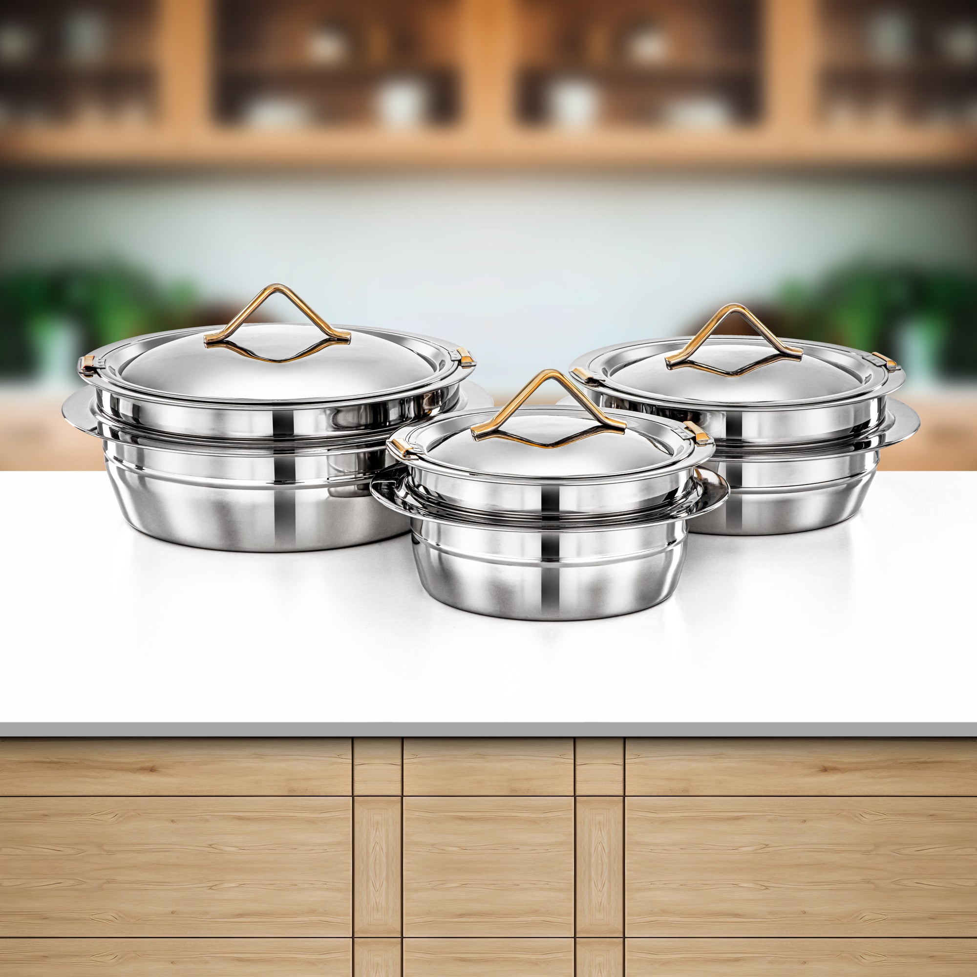 Almarjan Hot Pot Set Stainless Steel 3000ml + 4000ml + 6000ml (H25PG6) – Tara Collection | Silver Mirror Finish with Golden Knob | Elegant Serving for Ramadan & Gatherings