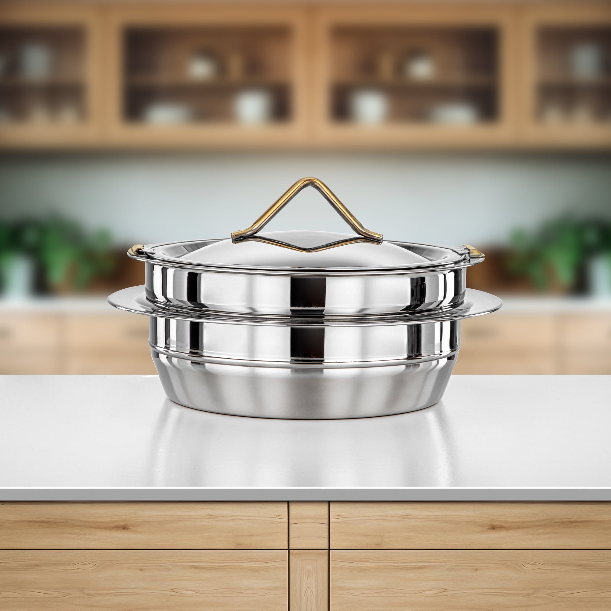 Almarjan Hot Pot Set Stainless Steel 3000ml + 4000ml + 6000ml (H25PG6) – Tara Collection | Silver Mirror Finish with Golden Knob | Elegant Serving for Ramadan & Gatherings