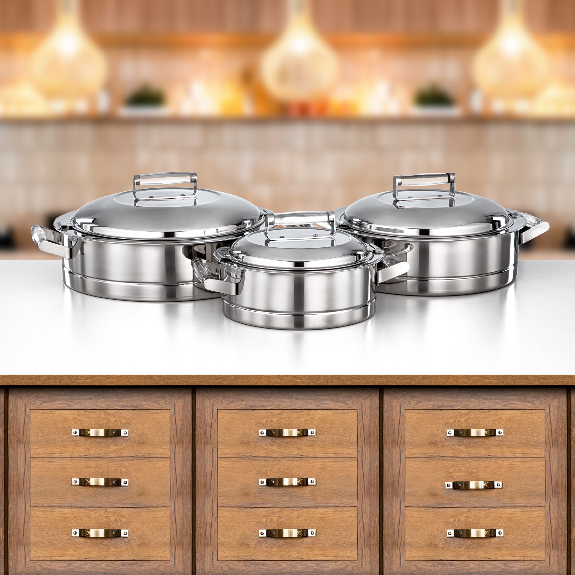 Almarjan Hot Pot Set Stainless Steel 25cm + 30cm + 35cm (H25P7) – Areej Collection | Elegant Serving for Ramadan & Gatherings