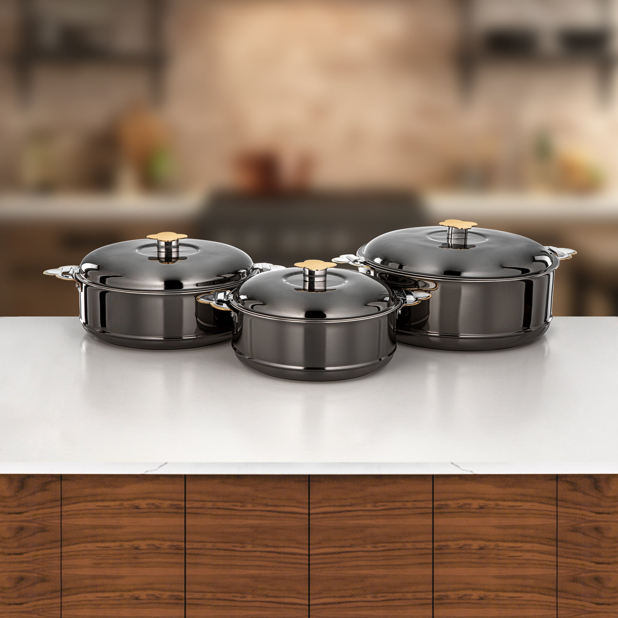 طقم حرارات المرجان فيدا، ٣ قطع بسعات ٢.٥ لتر، ٣.٥ لتر و٥ لتر، باللون الأسود المعدني والذهبي