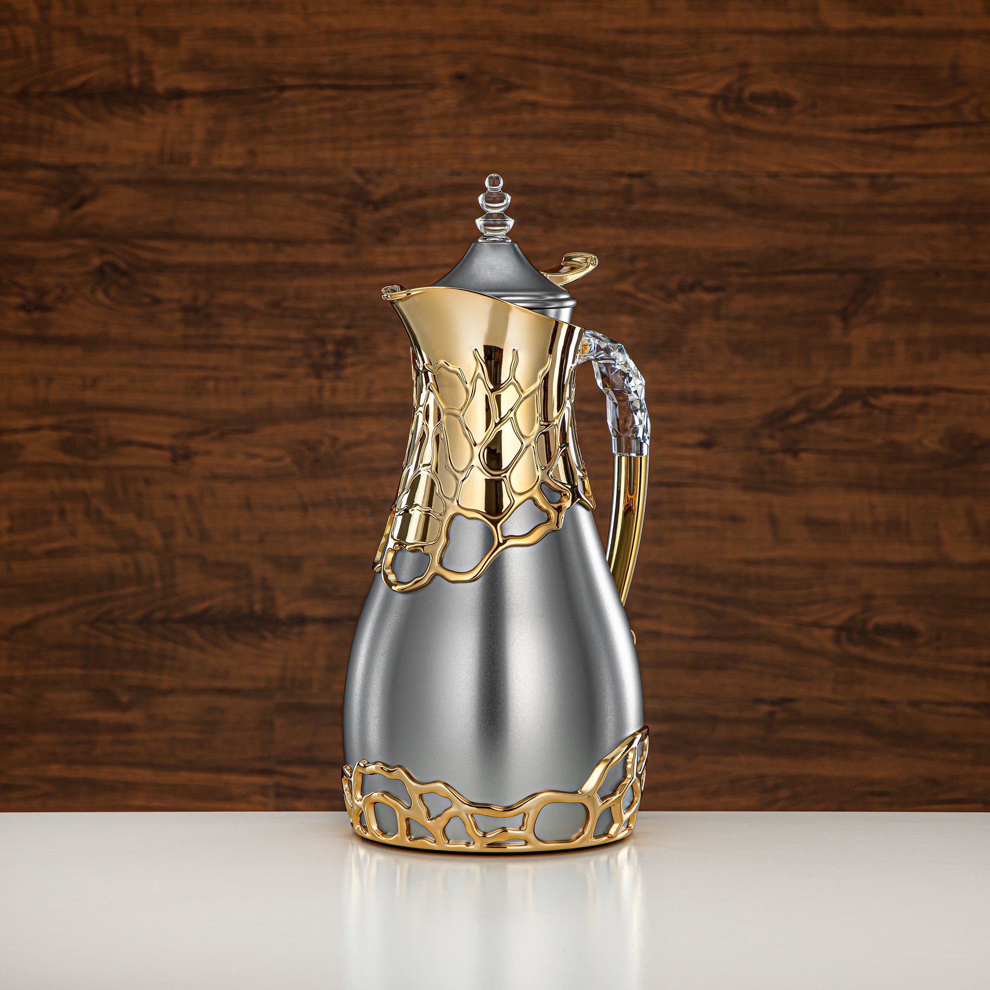 Almarjan Vacuum Flask Set Metal Body 0.7L & 1L ABS & Acrylic Handle (VBC-0700/1000 E23C95) – Matte Silver & Gold Tea & Coffee Serving