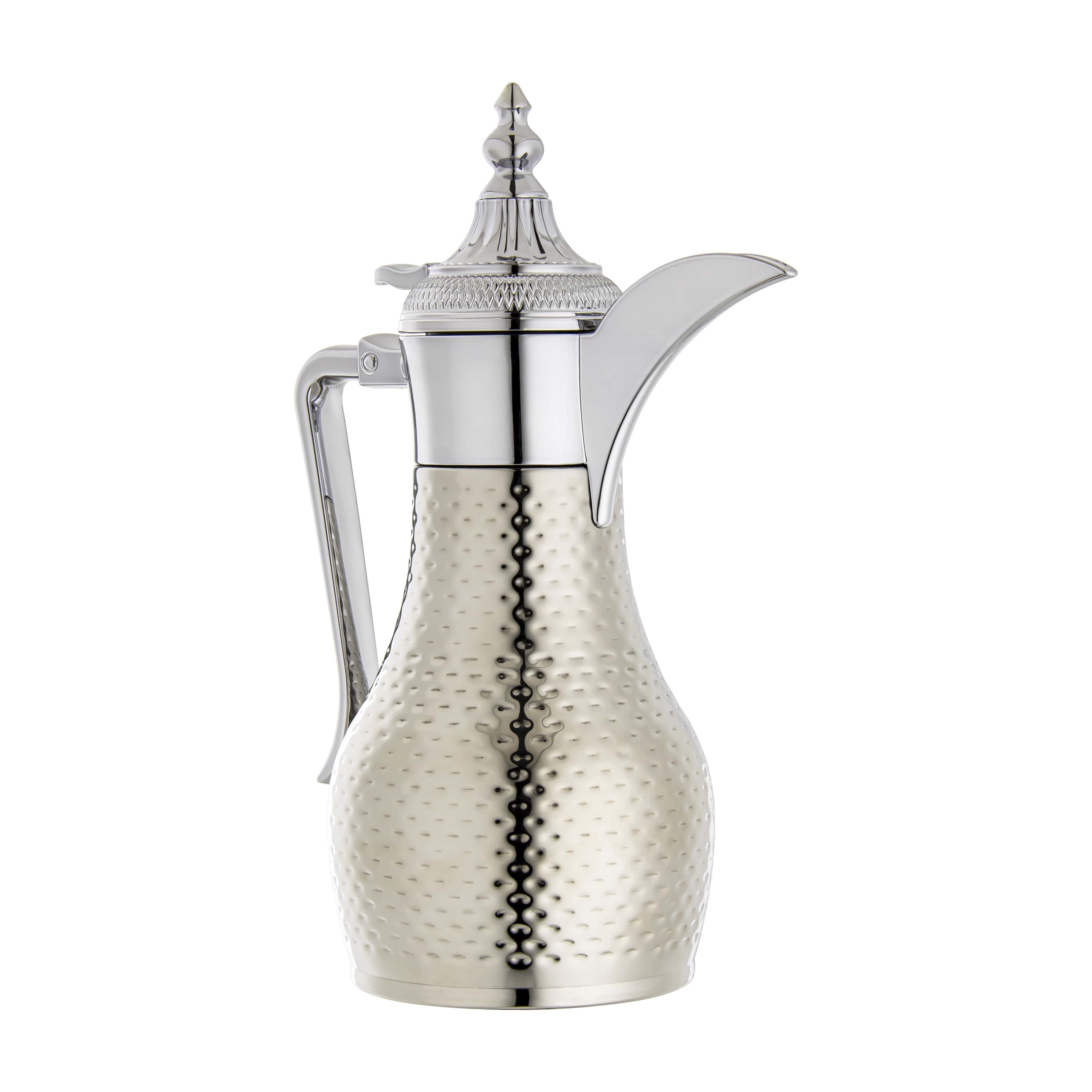 ALMARJAN Stainless Steel Double Wall Hammered Collection Vacuum Dallah Silver 0.6 Liter SUD-H-060-CR
