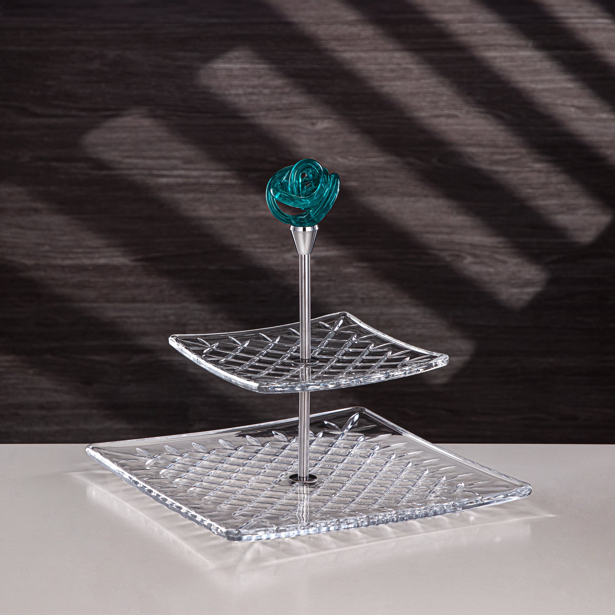 Almarjan Serveware Glass 2-Tier Square Clear with Turquoise Knot