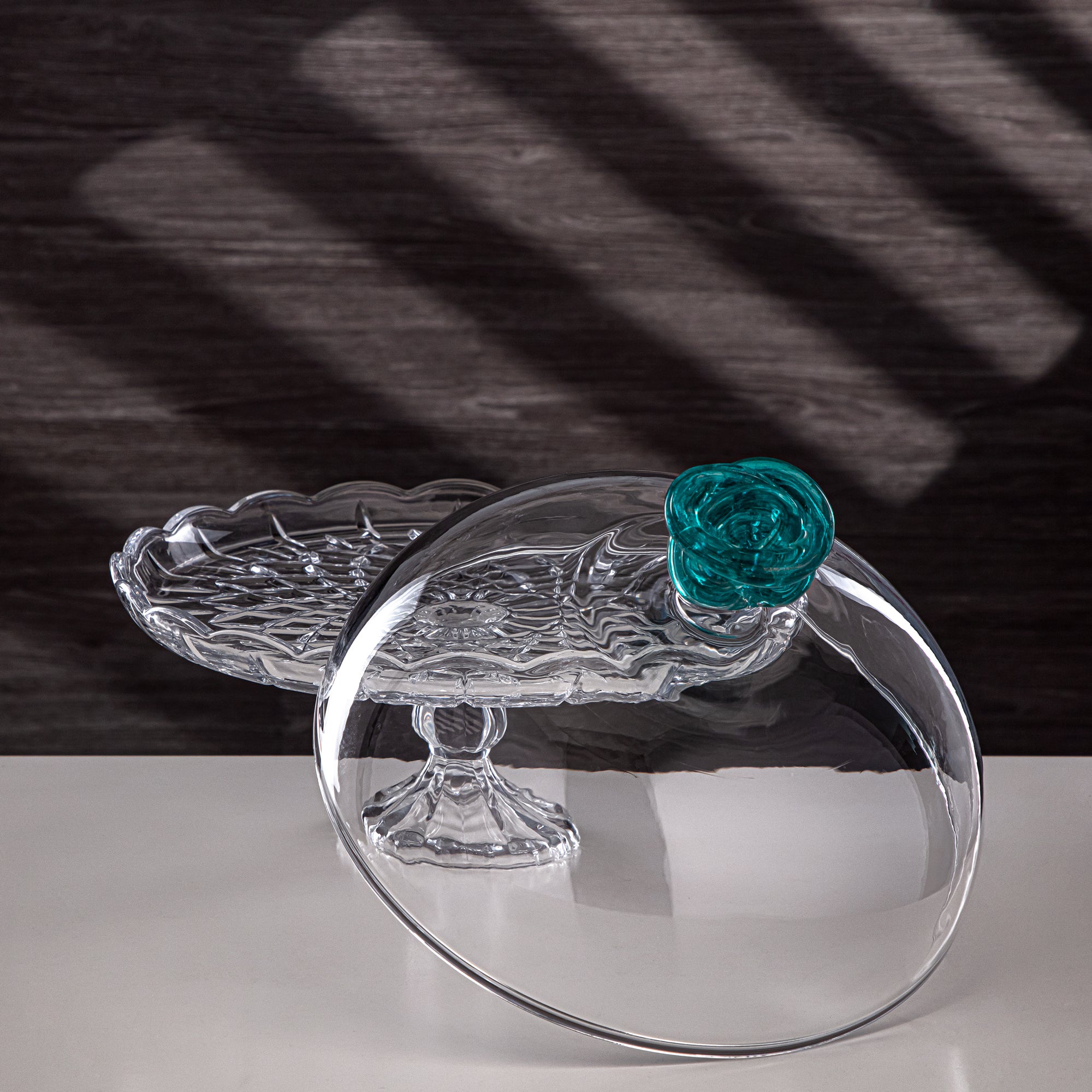 Almarjan Cake Stand Glass Round Clear with Turquoise Knot