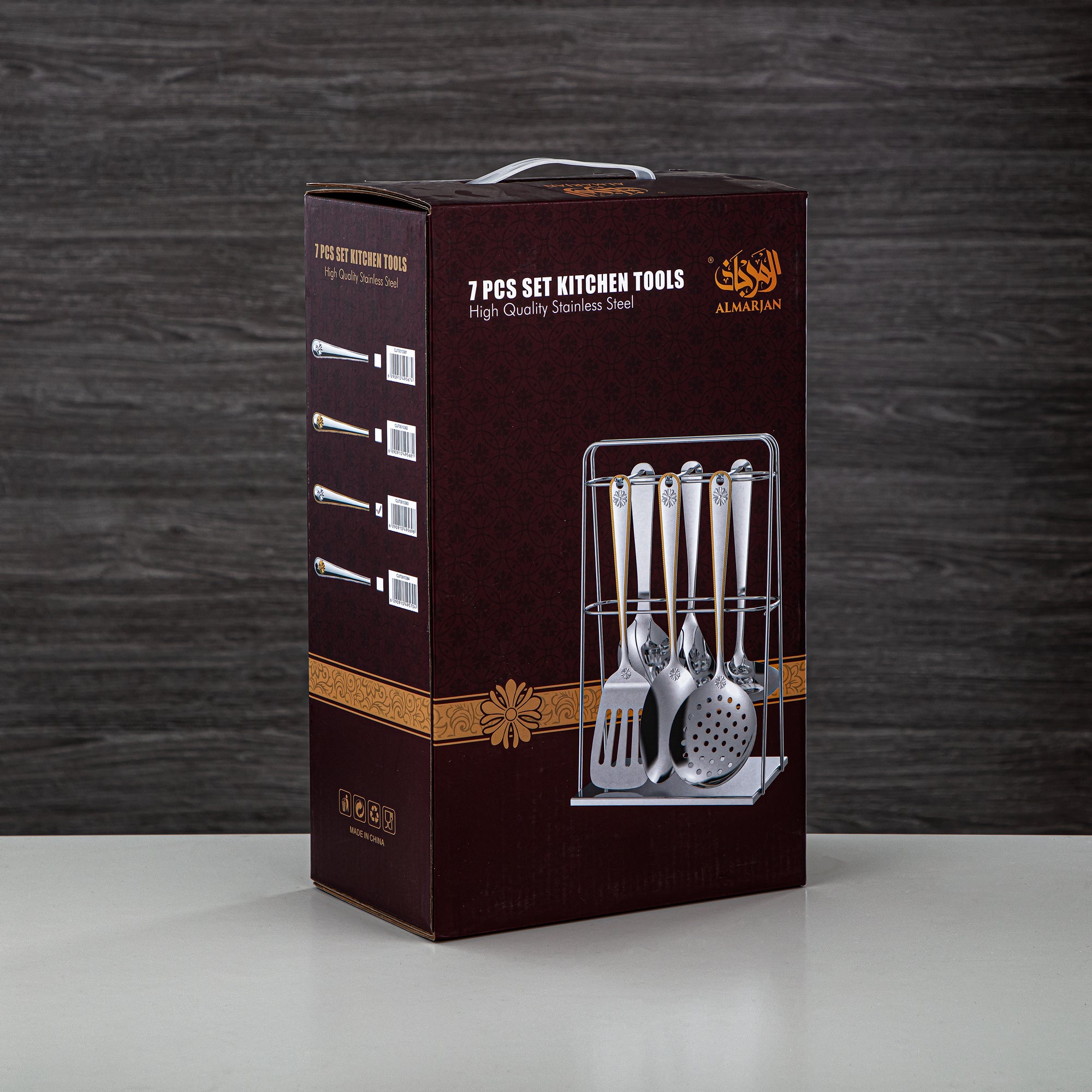 Almarjan Kitchen Tool Set 7 Pieces, Stainless Steel, With Stand, Silver & Gold (CUT0010383) Elegant Flatware