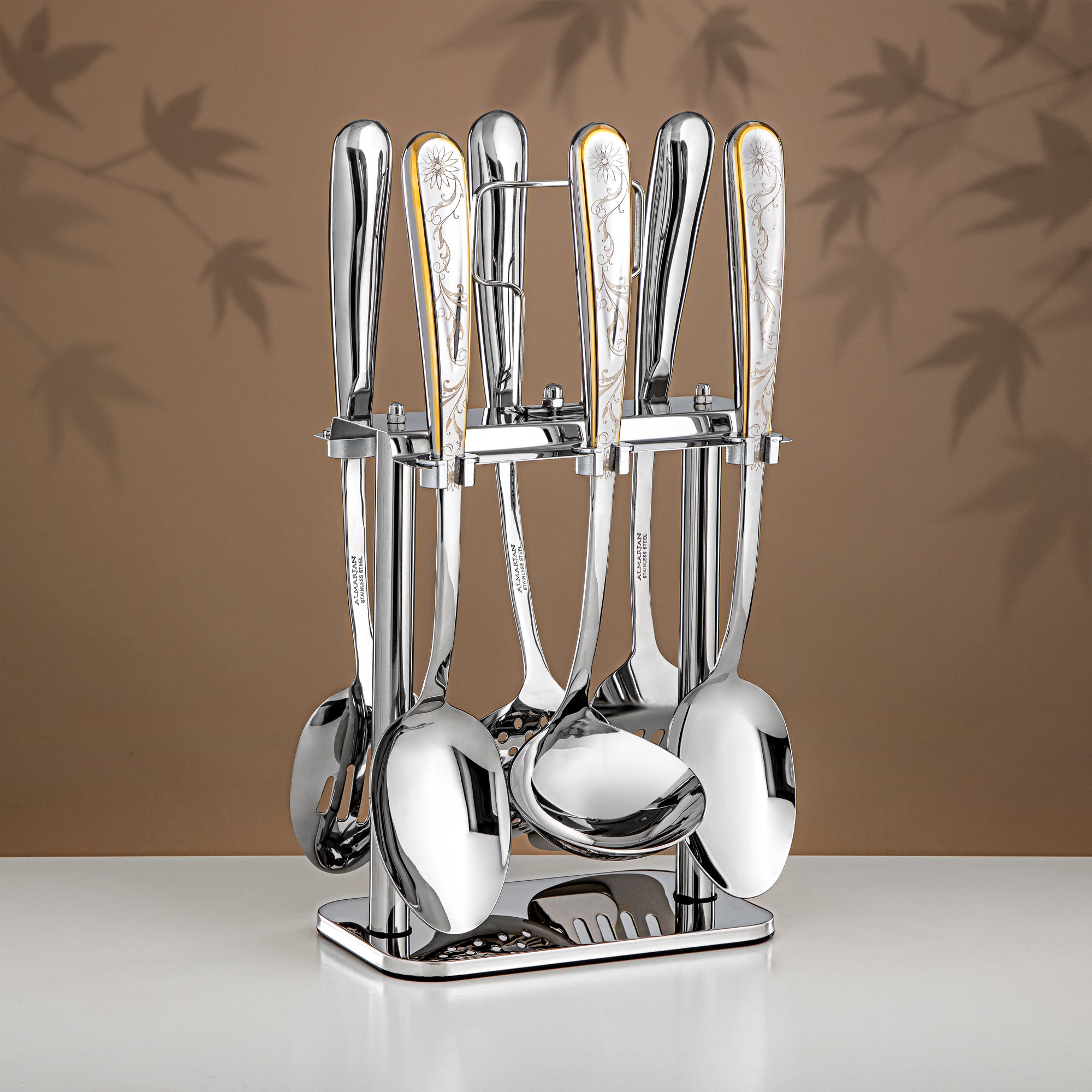 Almarjan Kitchen Tools Set 7 Pieces, Stainless Steel, with Stand, Silver & Gold (CUT1620079) - Elegant Serveware