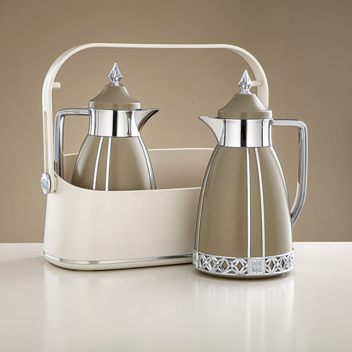 Almarjan 2 Pieces Vacuum Flask Set With Carrying Basket Khaki & Silver - FB208-05 NRM/C