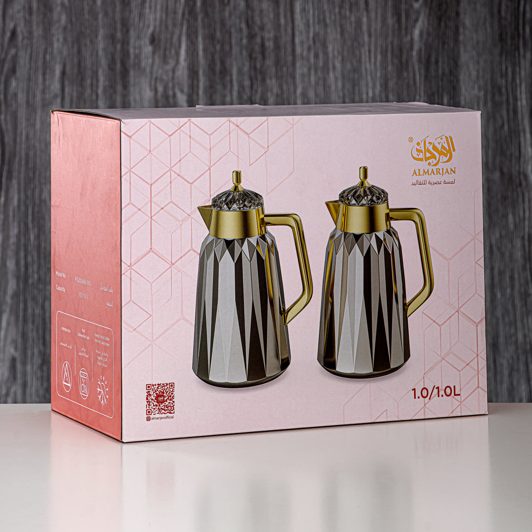 Almarjan Vacuum Flask Set - 1L + 1L, ABS, Pearl White & Gold, Mirror Finish | FG209AB-100 PW/G