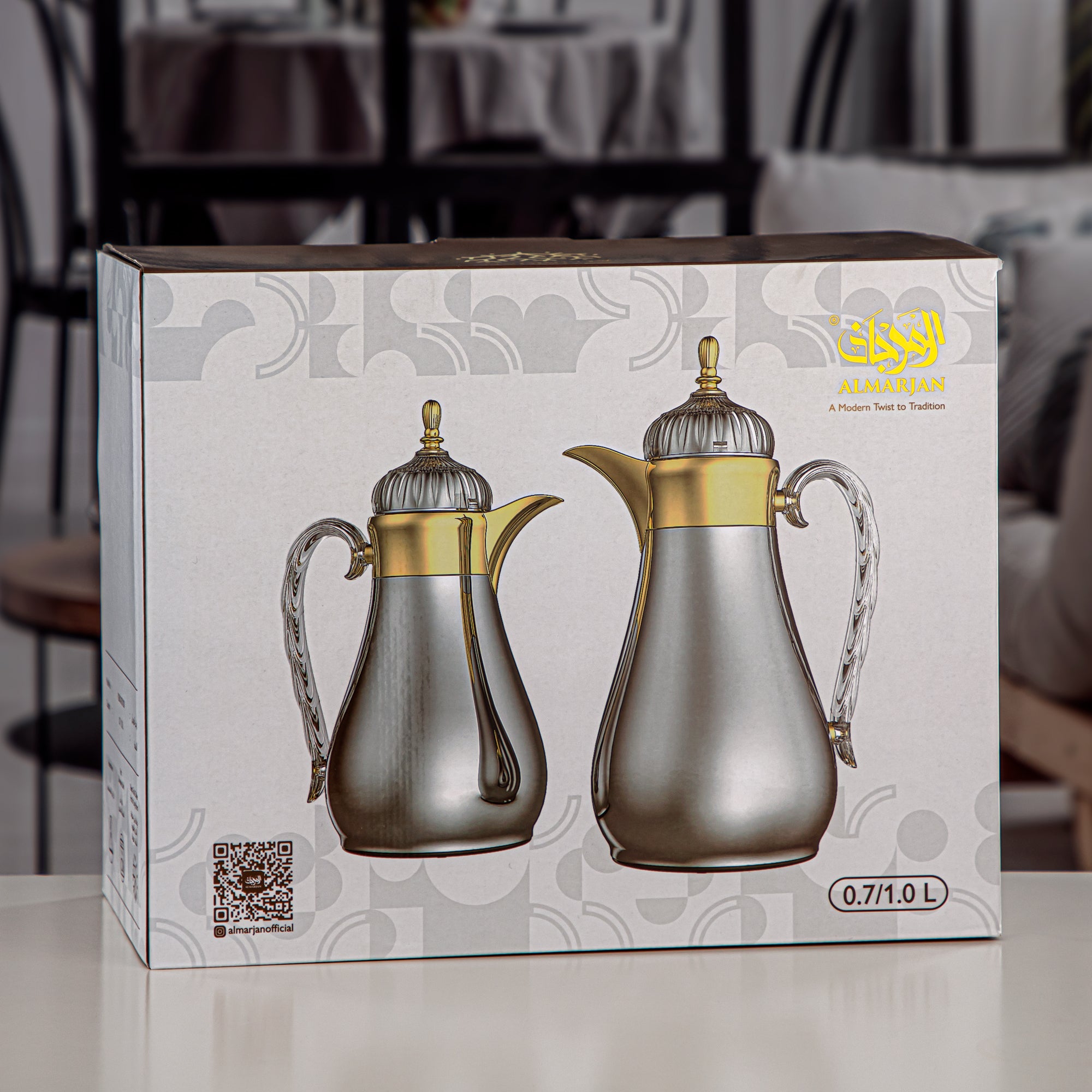 Almarjan Vacuum Flask Set, Push Button, 0.7L + 1L, Matt Black & Transparent (FG810-070/100 MBL/TR) - Elegant Vacuum Flask Sets