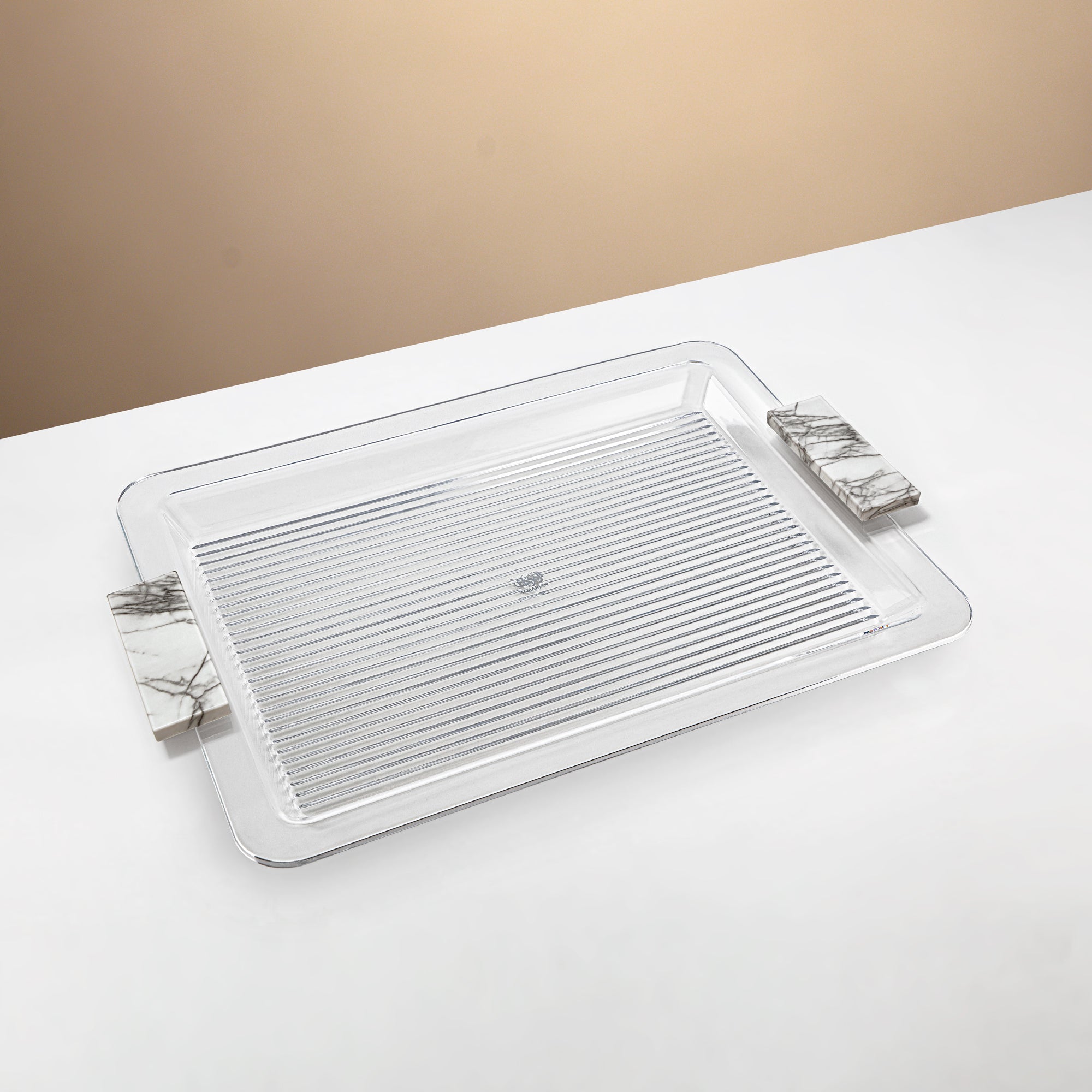 Almarjan Acrylic Tray 50cm Clear with White Marble Handles