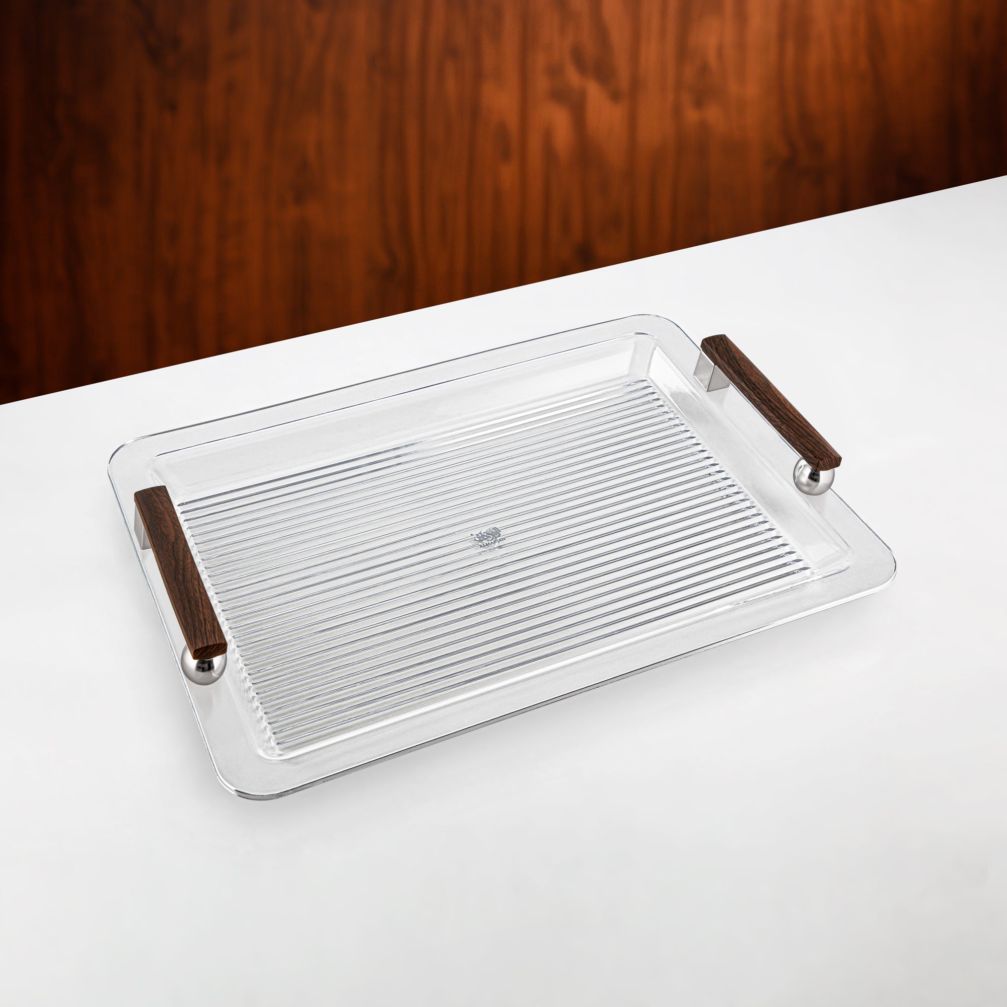 Almarjan Serving Tray 50cm Matt Nickel & Dark Wood