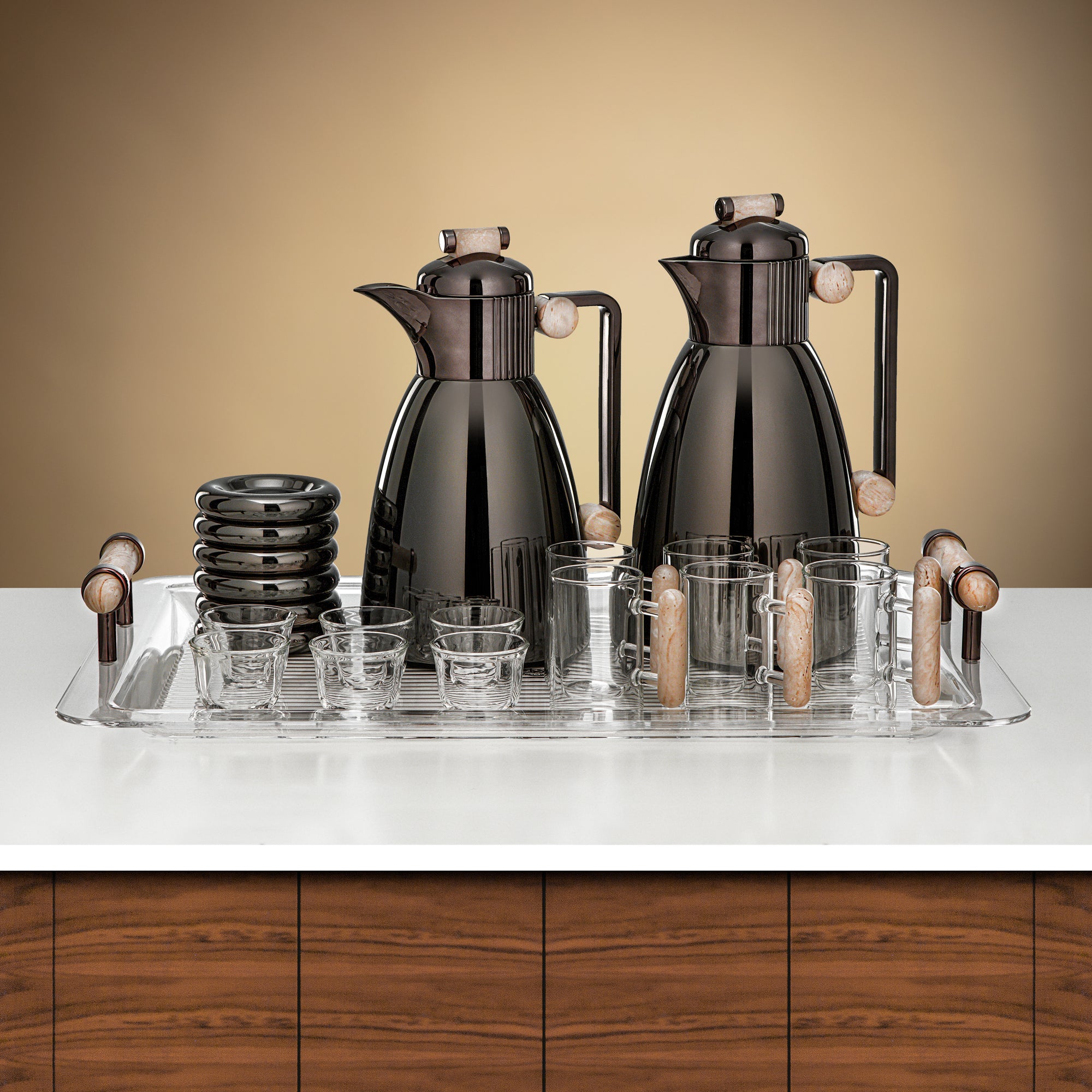 Almarjan Vacuum Flask Set 21 Pieces Gun Black & Travertine