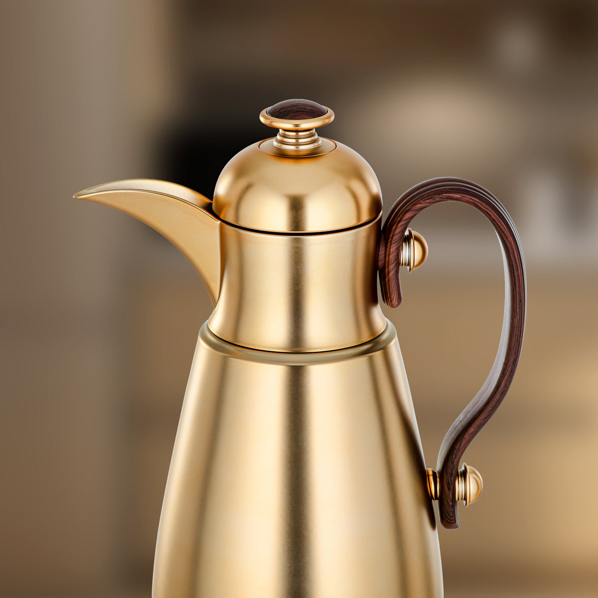 Almarjan Double Wall Vacuum Flask 0.7 Lit, Matt Gold & Dark Wood