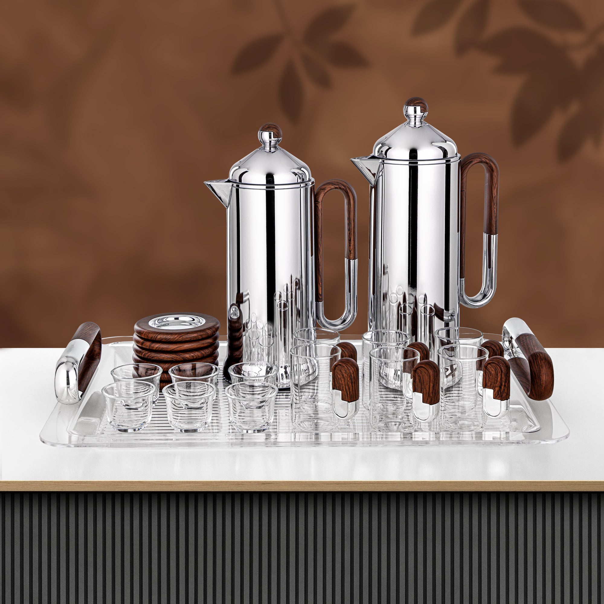 Almarjan 21 Pieces Tea & Coffee Serving Set, Silver & Dark Wood