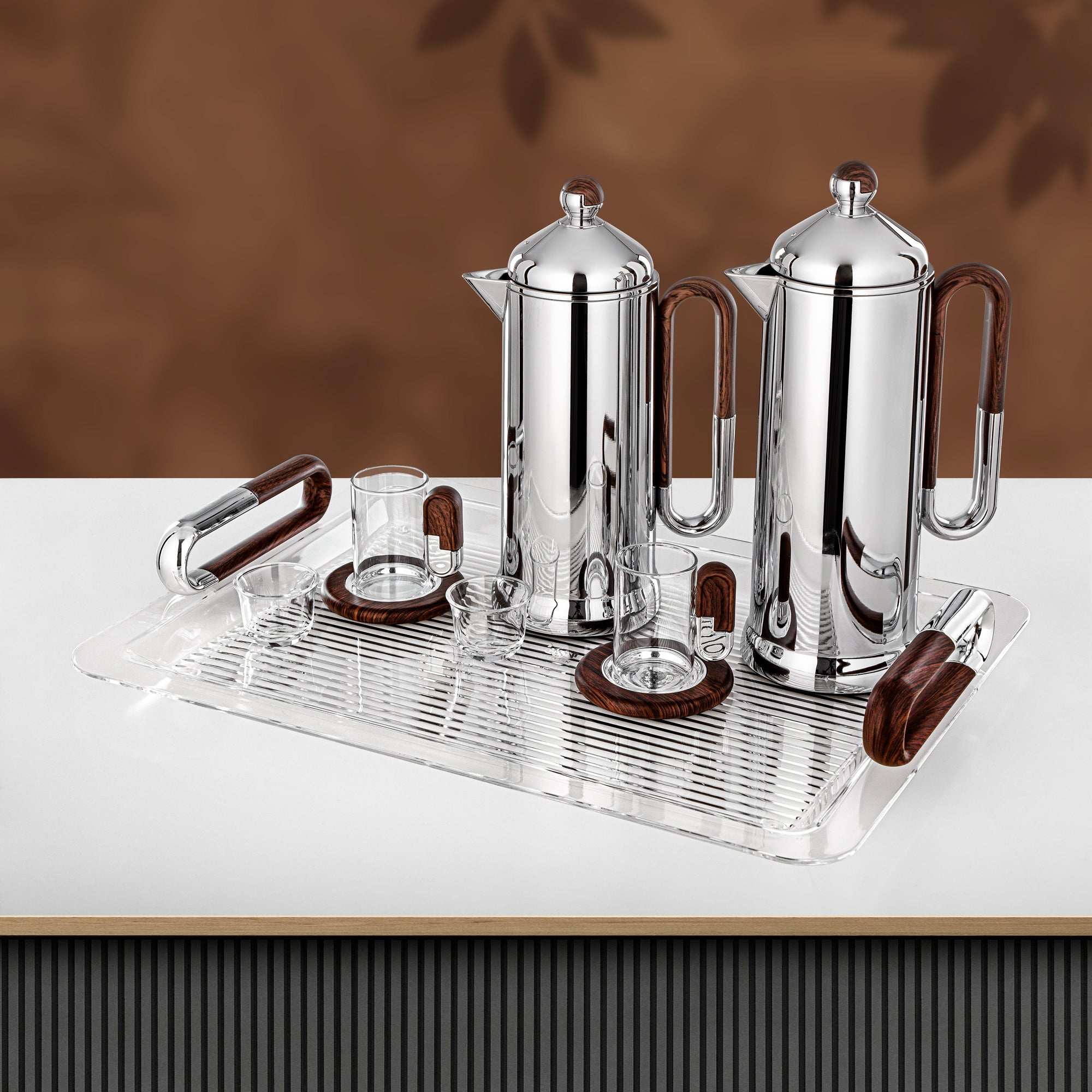 Almarjan 21 Pieces Tea & Coffee Serving Set, Silver & Dark Wood