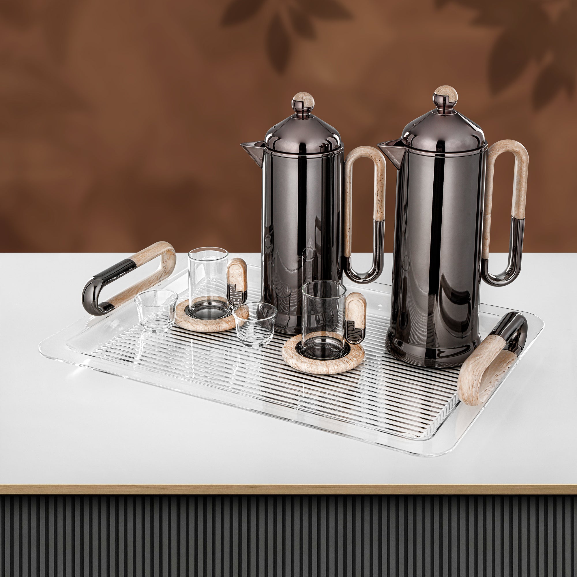 Almarjan 21 Pieces Tea & Coffee Serving Set, Gun Black & Travertine Marble