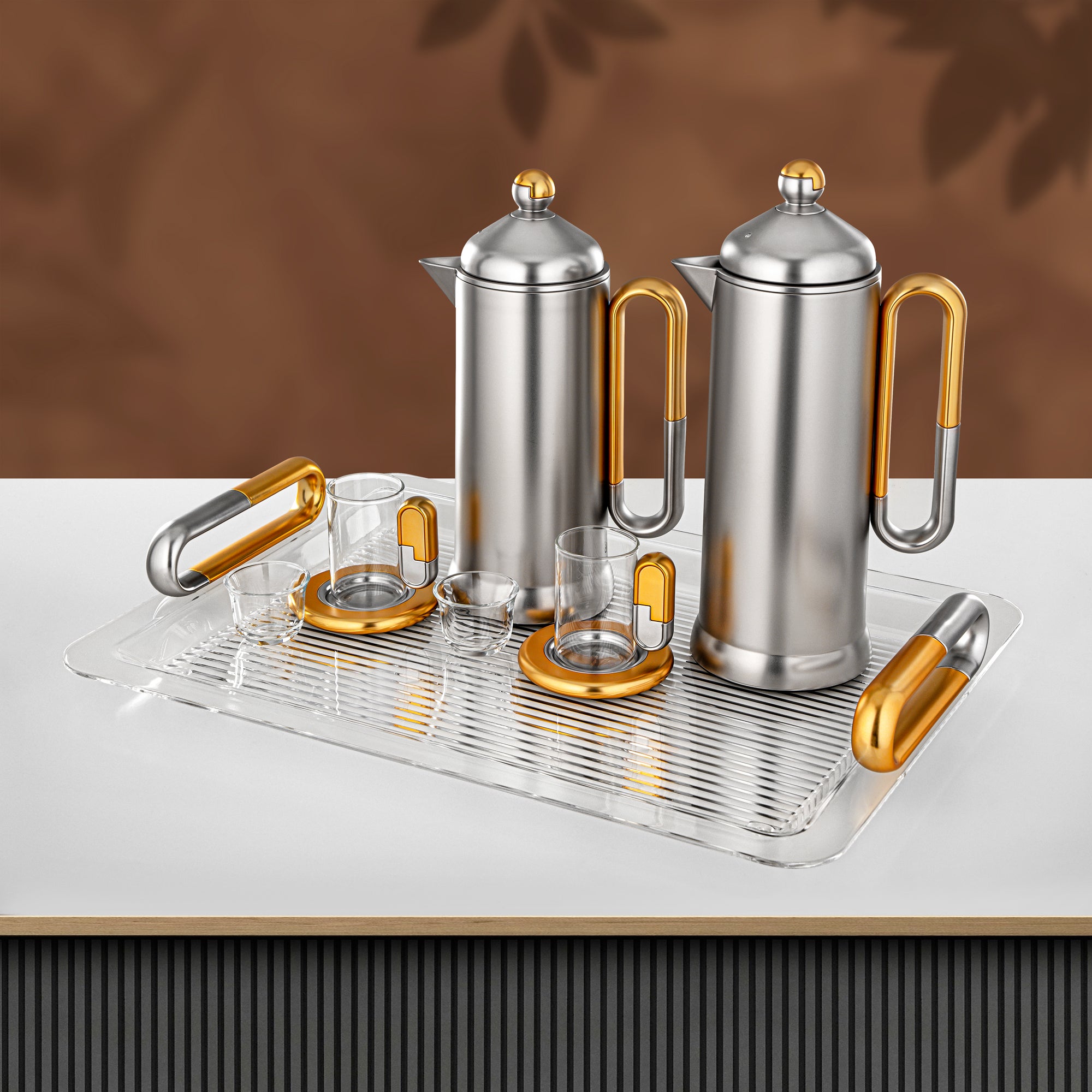 Almarjan 21 Pieces Tea & Coffee Serving Set, Matt Nickel & Matt Gold