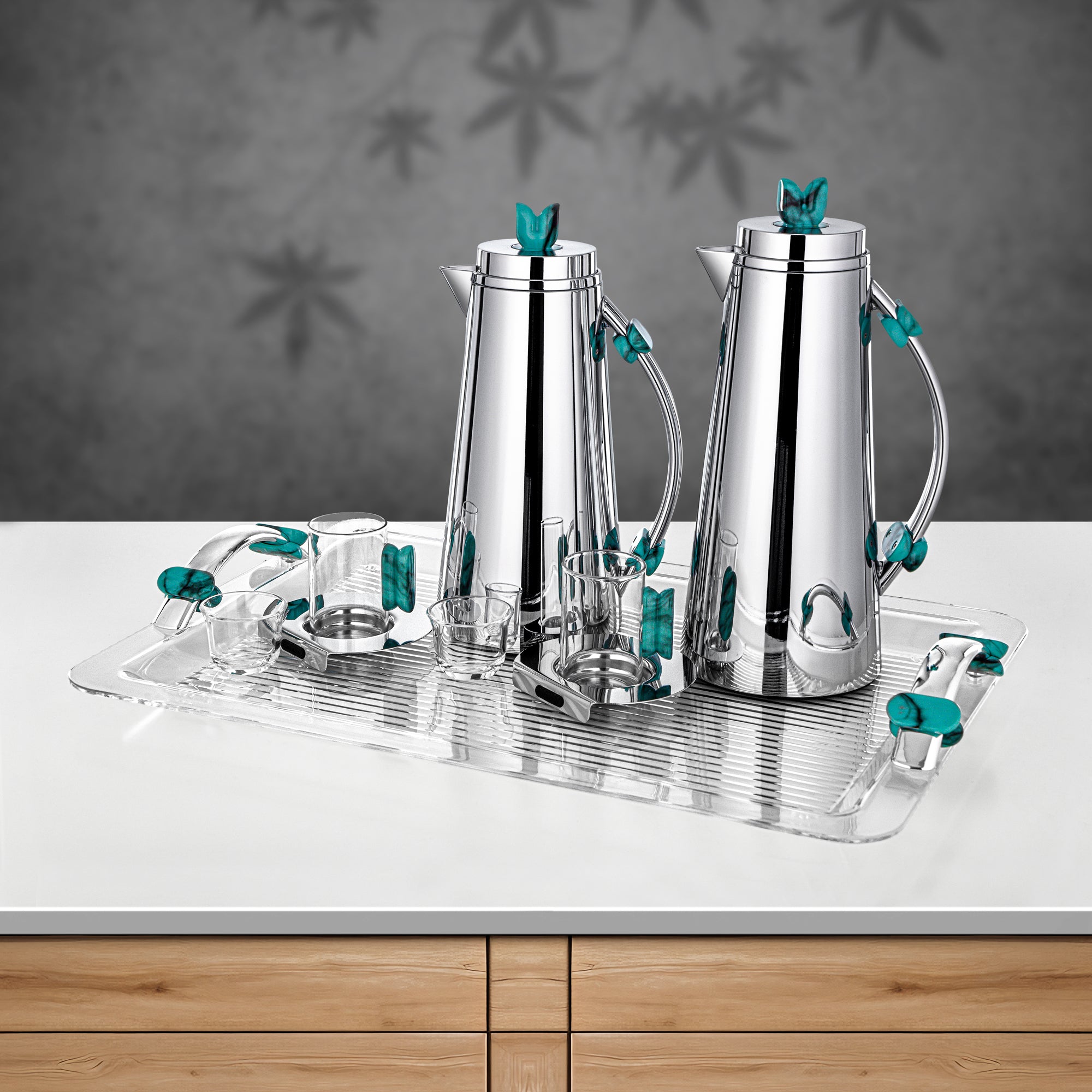 Almarjan 21 Pieces Tea & Coffee Set, Silver & Tiffany Marble