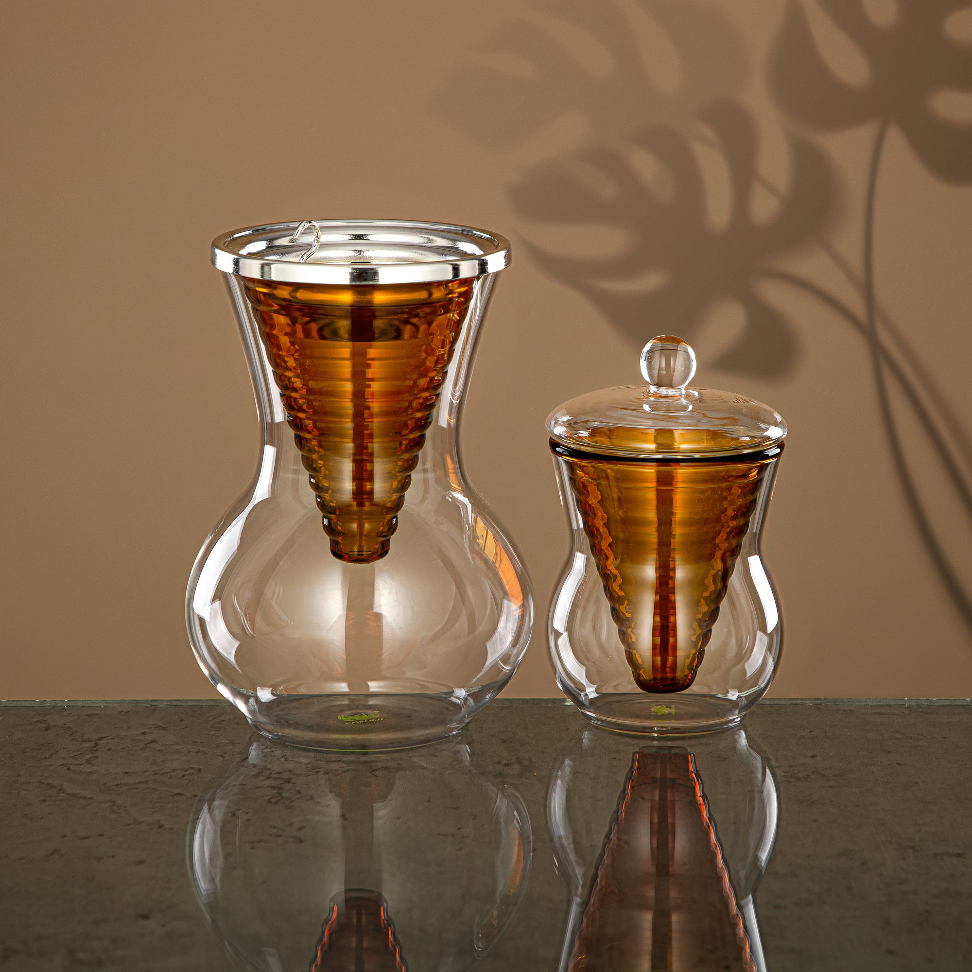 Almarjan Incense Burner Set 2 Pieces, Borosilicate Glass, Clear & Amber (GLS0010165) - Oud Burner