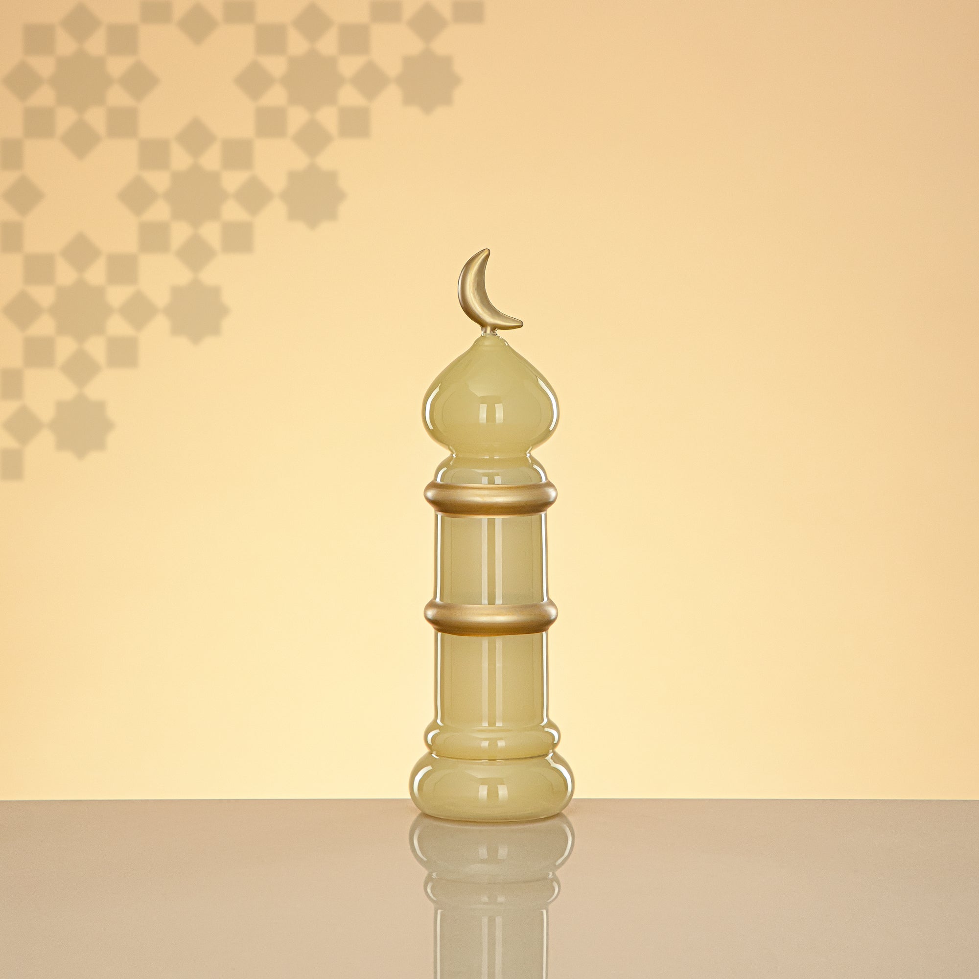 Almarjan Minaret Table Decoration 24cm x 7cm Ivory with Golden Lines & Crescent Moon – Noor Al Layali