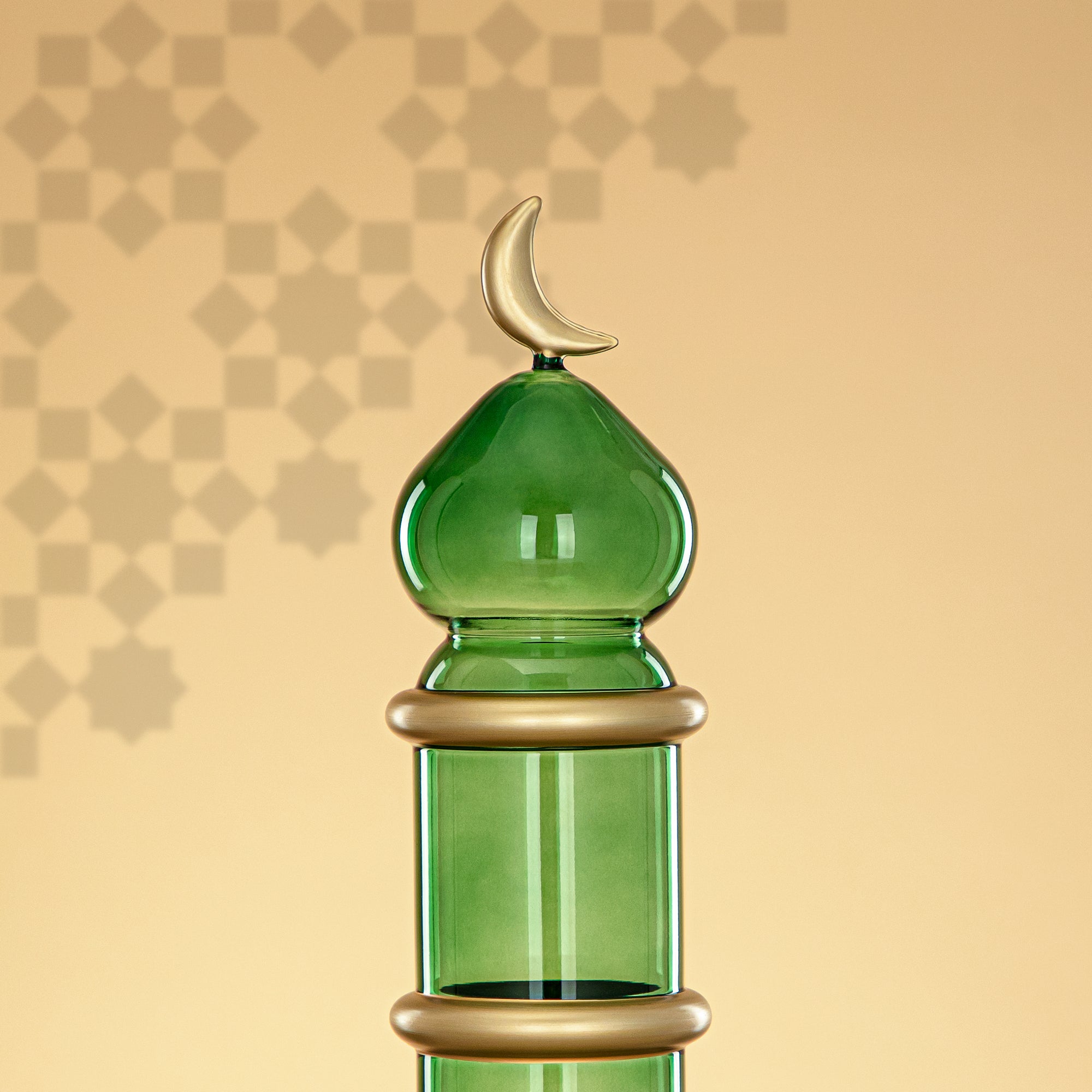 Almarjan Minaret Table Decoration 34cm x 10cm Transparent Green with Golden Lines & Crescent Moon – Noor Al Layali