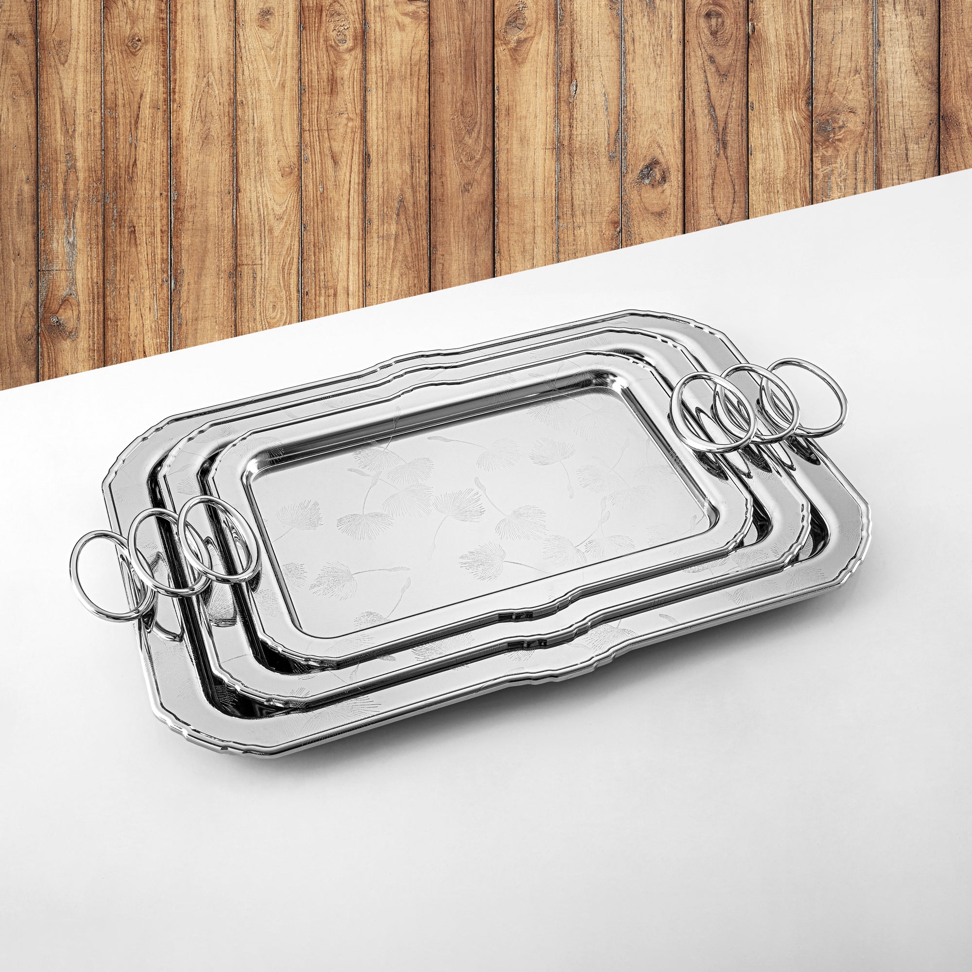 Almarjan Serving Tray Set - 3 Pieces, Silver (HT2408001) | Ramadan & Eid