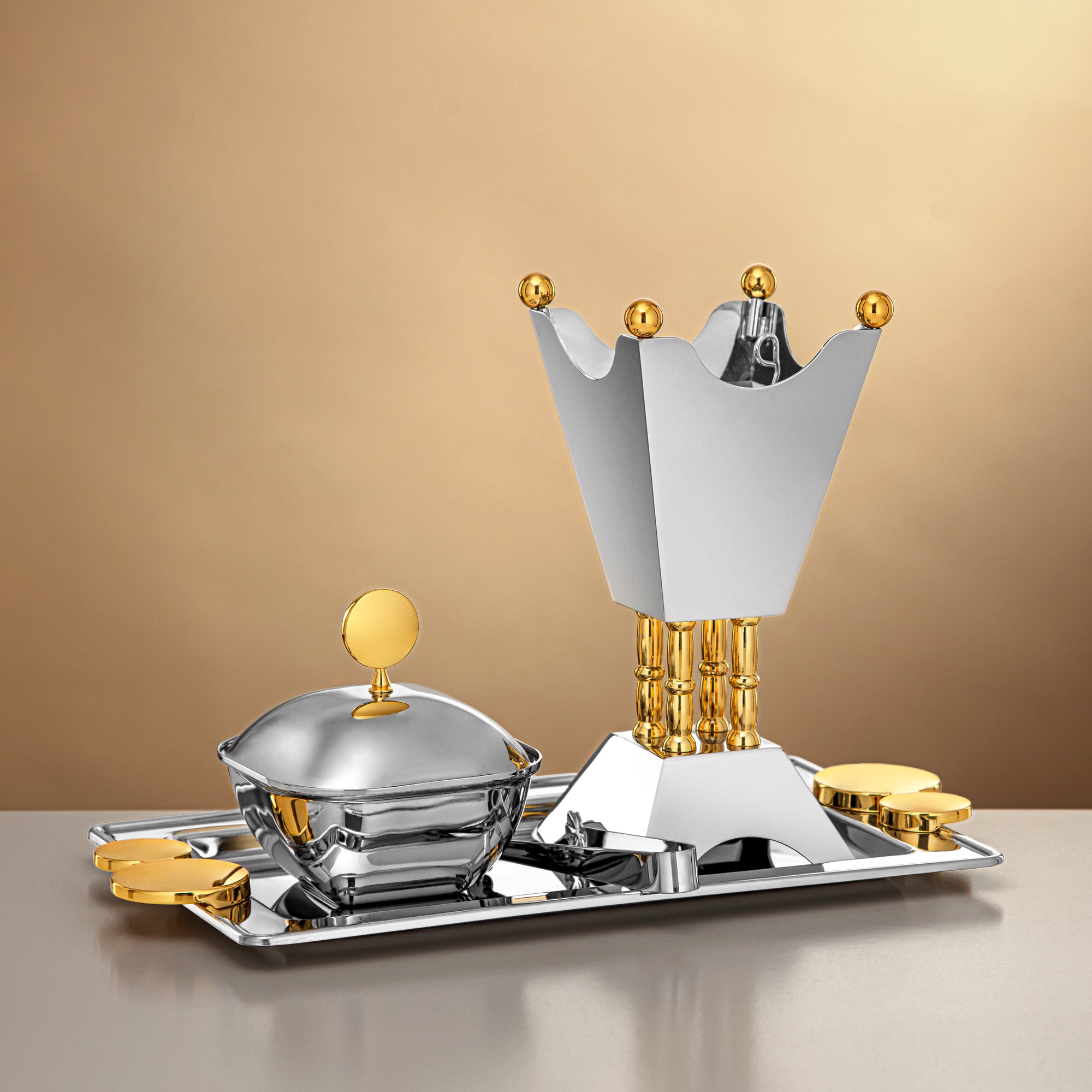 Almarjan 4 Pieces Incense Burner Set Shiny Silver & Gold - HT2506043