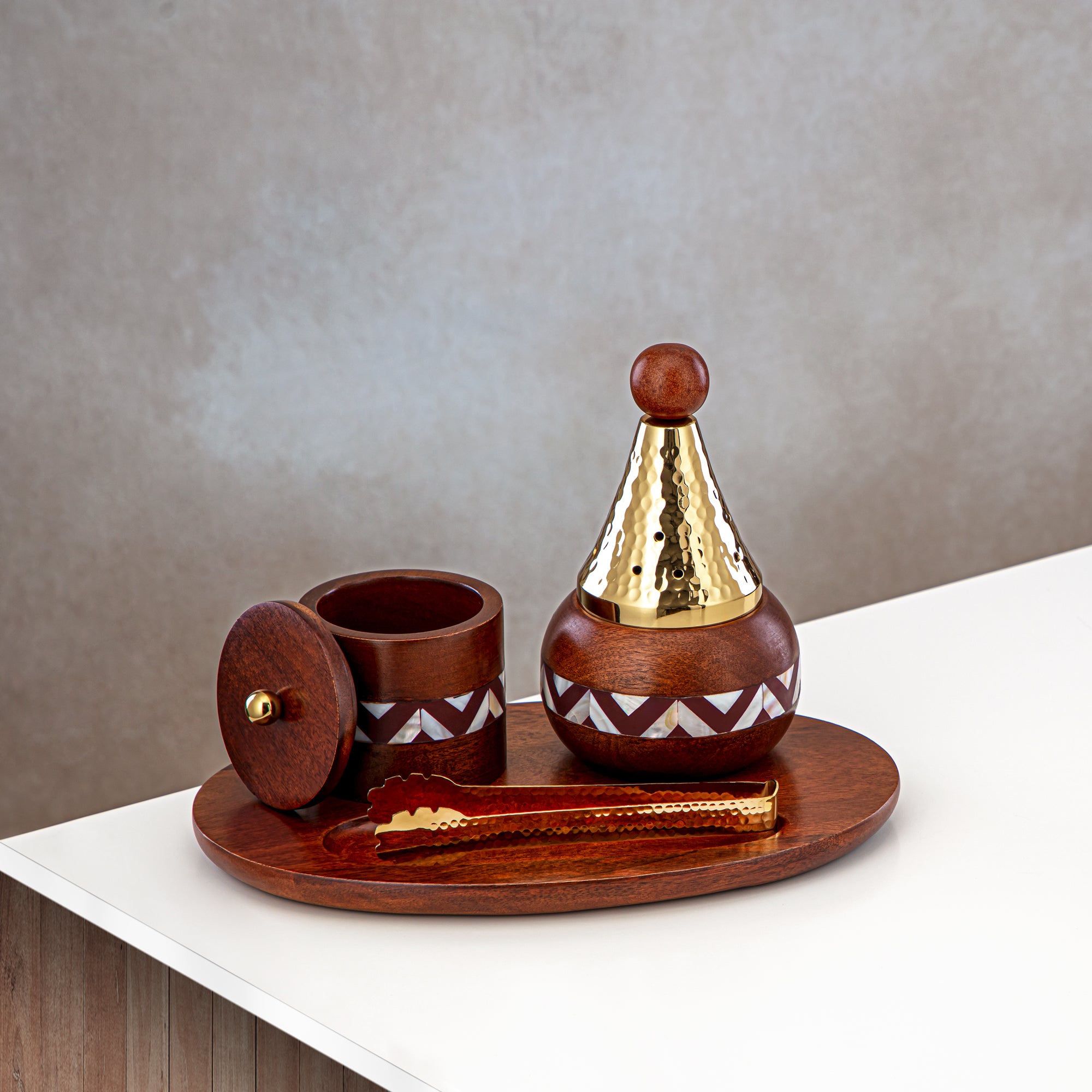 Almarjan 4 Pieces Incense Burner Set Wood & Gold - MD-269 B