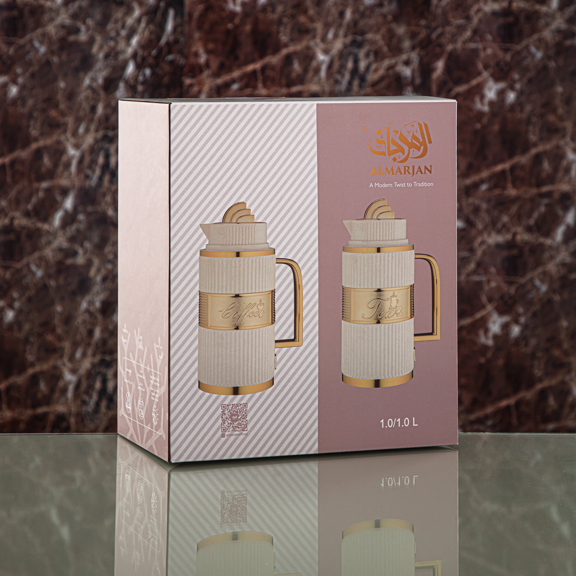 Almarjan Vacuum Flask Set, ABS, Push Button - 1L + 1L, Matt Silver & Matt Copper (OUD-MNMCP) - Tea & Coffee