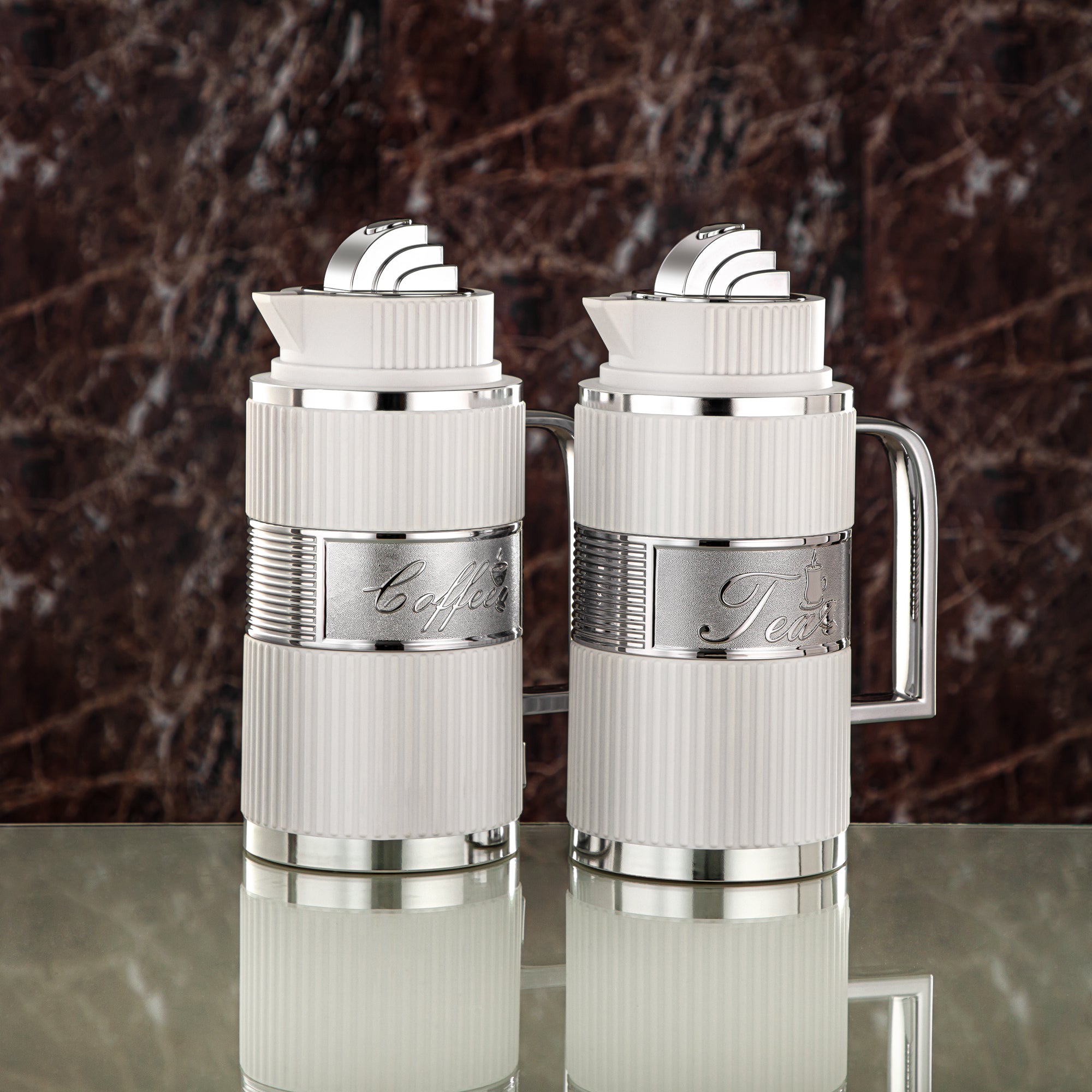 Almarjan Vacuum Flask Set, ABS, Push Button - 1L + 1L, White & Silver (OUD-MWS) - Tea & Coffee