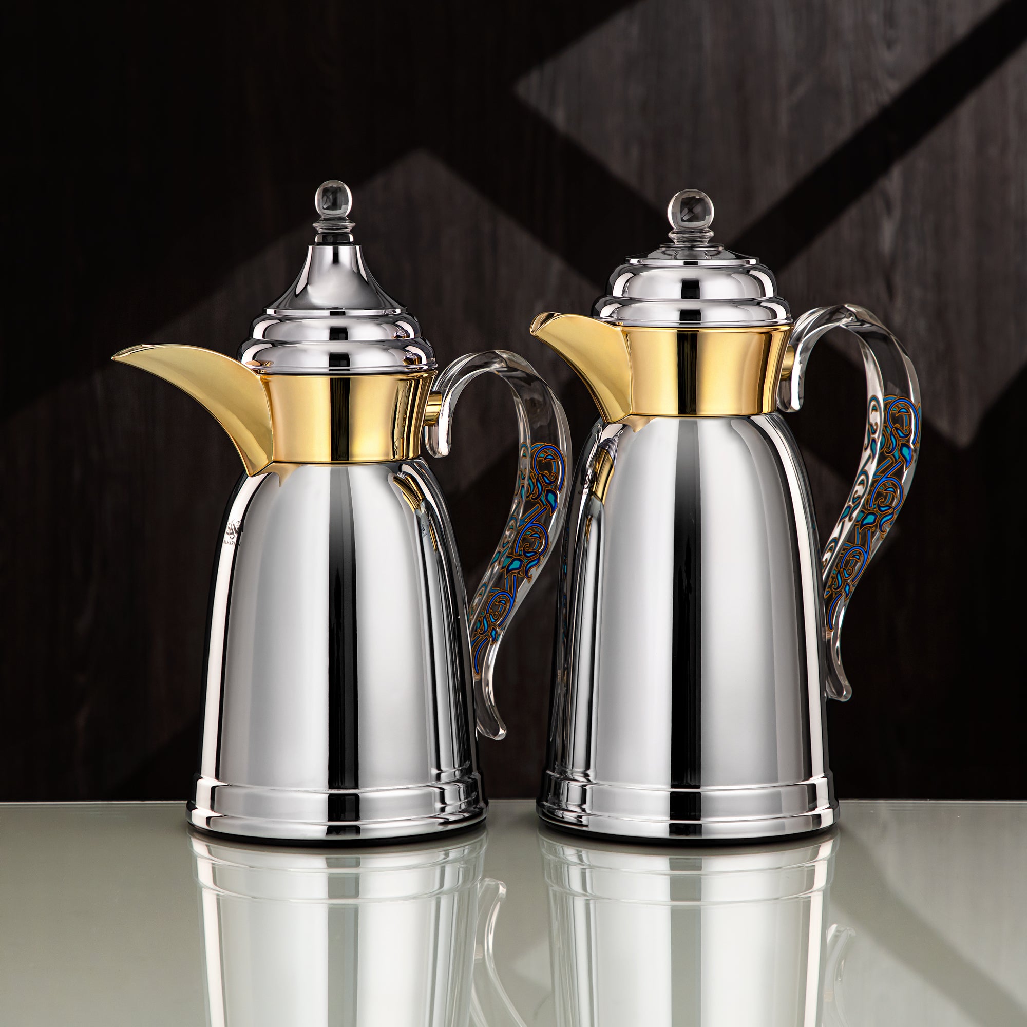 Almarjan Vacuum Flask Set - 0.7L & 1L, Silver & Gold Finish, Metal (SM-2A29-070/100 C/G/BLU) - Classic, Tea & Coffee